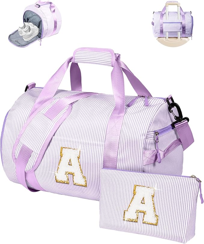Gifts for 4 5 6 7 8 9 10 Year Old Girls, Girl Gym Bag, Kids Initial Overnight Duffel Bags with Shoe Compartment, Personalized Dance Bag with Makeup Pouch, Daughter Gift from Mom (Letter A)