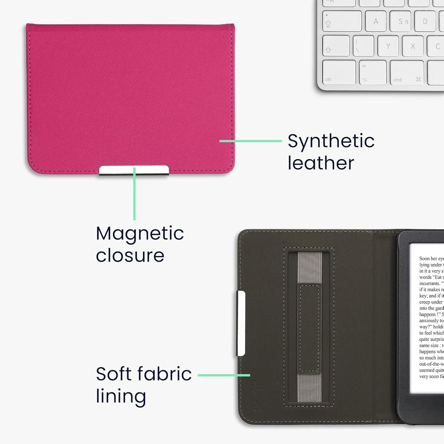 kwmobile Synthetic Leather Case for Kobo Clara - Neon Pink e-Reader Cover with Strap