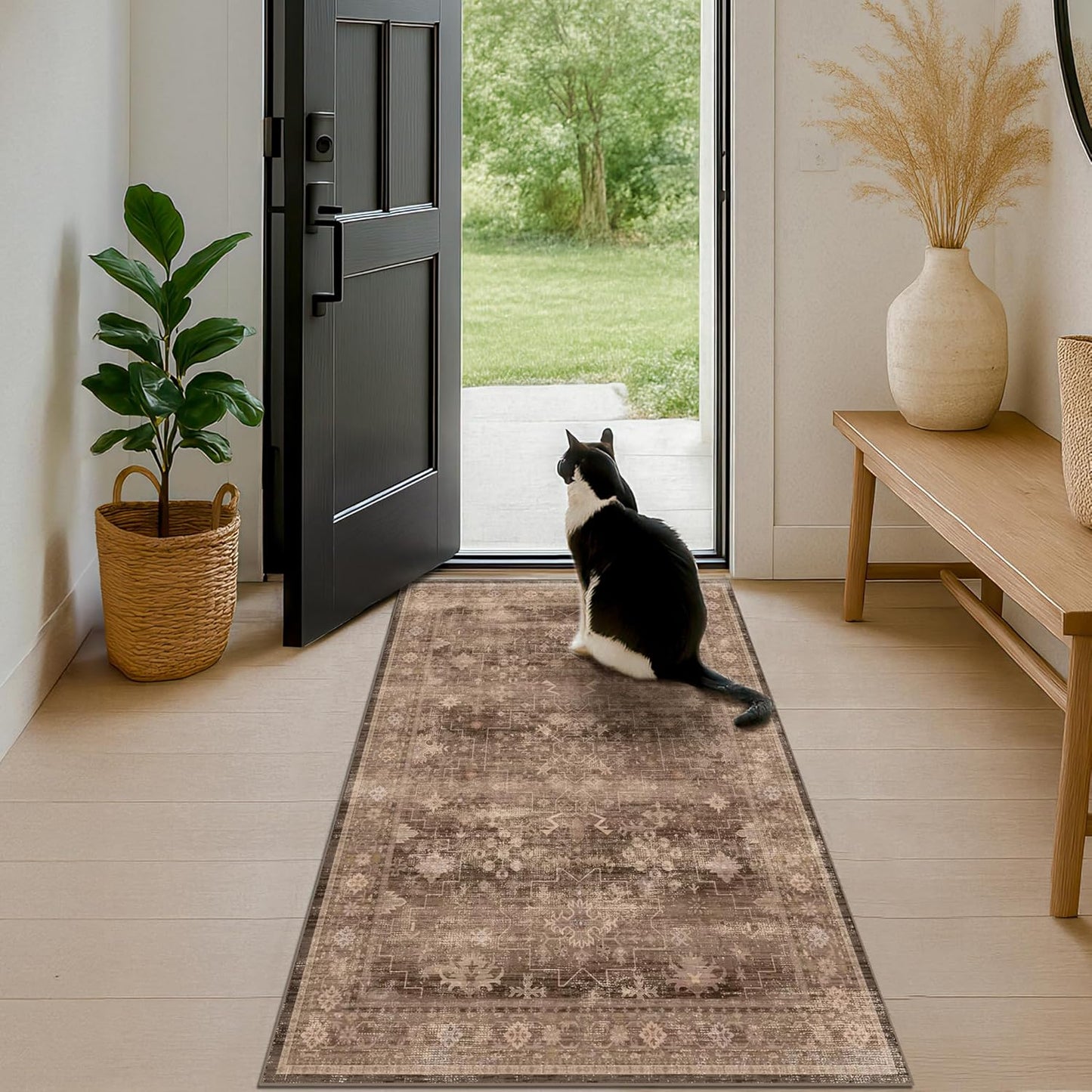 Skiennix Brown Boho Washable Entry Rug - Non-Slip Rubber Backing | Stain & Fade Resistant, 3x4 ft