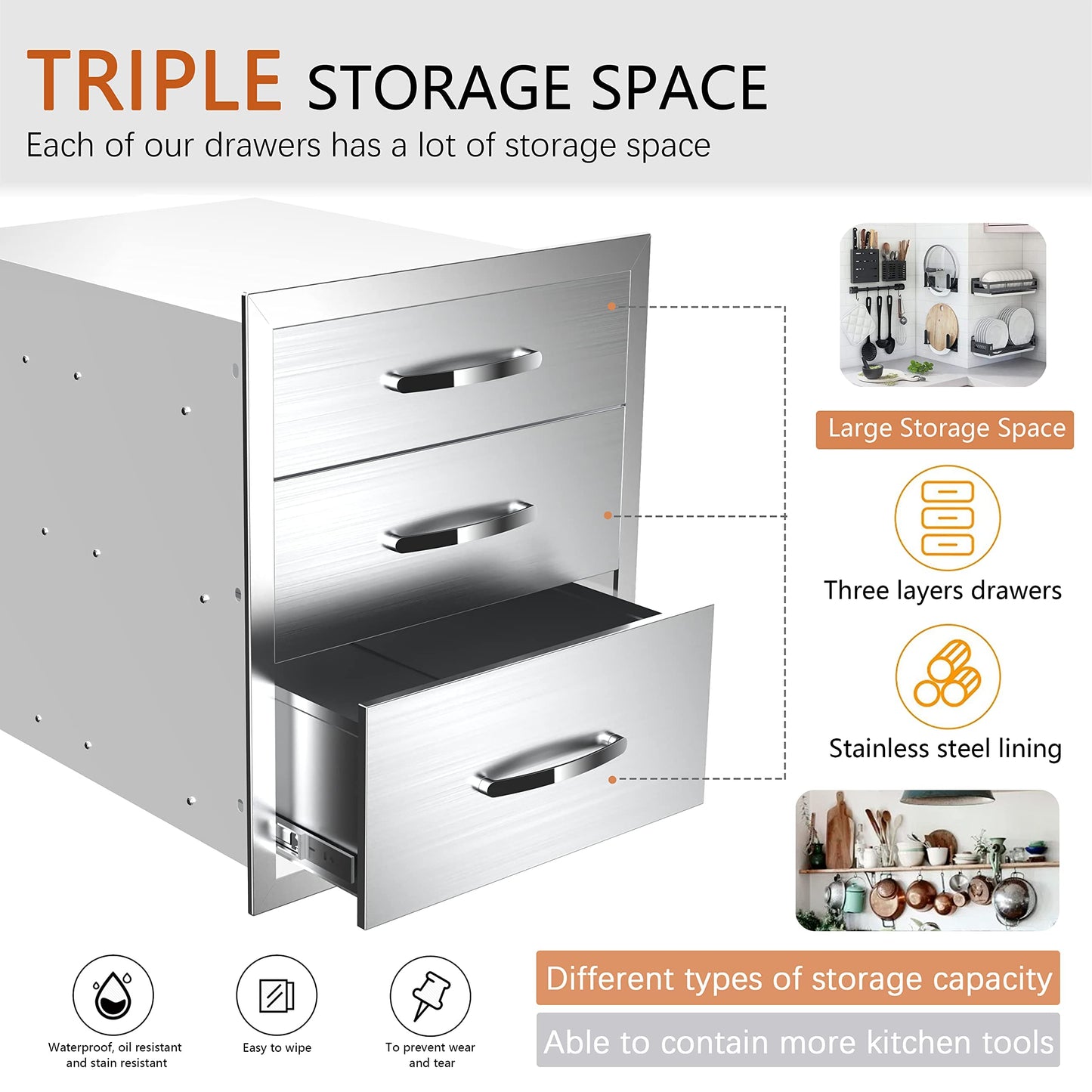 KODOM 20''W x 27''H x 23''D Outdoor Kitchen Triple Access Drawers Stainless Steel, Flush Mount BBQ with Handles BBQ Island for Outdoor Kitchens or Patio Grill Station