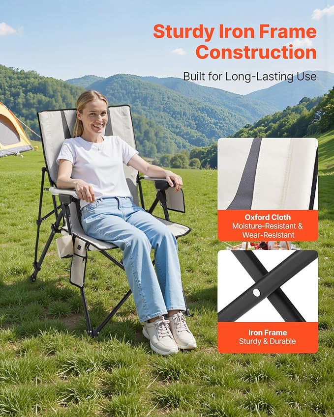 VEVOR Heated Camping Chair, 3 Heat Settings, High Back Folding Camping Chair, Supports 260lbs, Full Padded Beach Chairs with Armrest & Cupholder, Portable Lawn Chairs for Outdoor Sports Travel