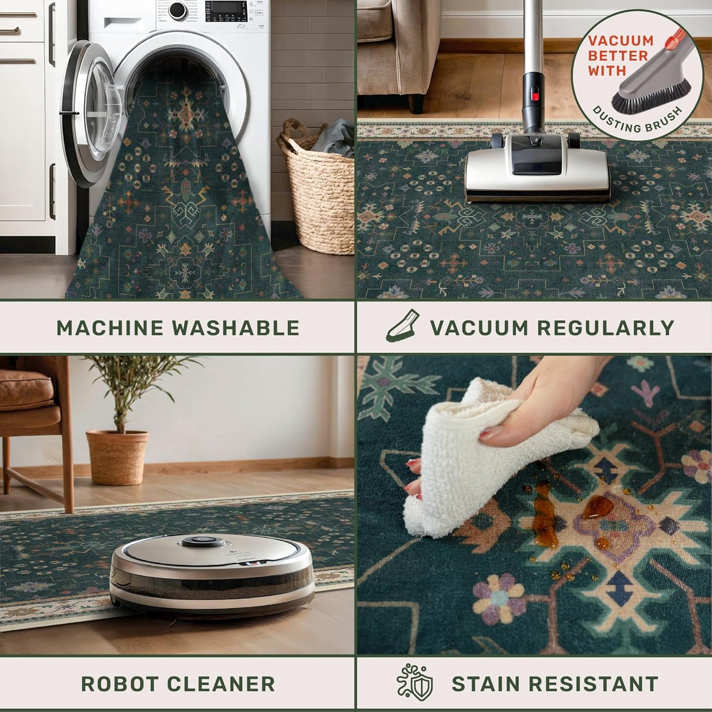 Regine Switzerland Dark Green Washable Kitchen Runner Rug - Non-Slip Rubber Backing | 2'6"x8' Stain Resistant