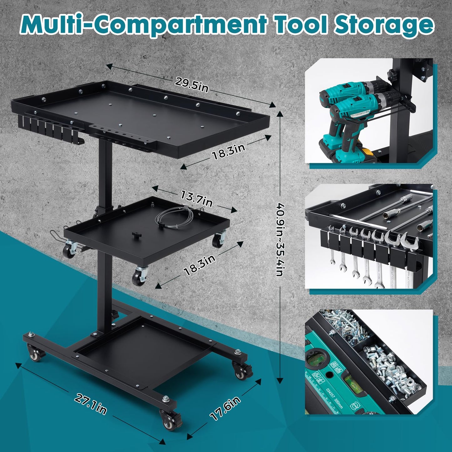 OLBRUS Rolling Work Table Adjustable Height - 3-Tier Removable Tool Cart with Wheels, Portable Mechanic Organizer with Drill Storage & Lockable Casters for Garage, Workshop, Bicycle Repair