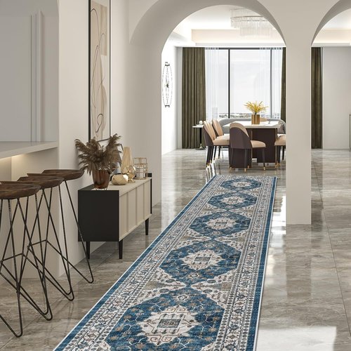 Hallway Washable Runner Rug - Vintage Soft Non-Slip Floor Mat for Entryway | 2'6''x14', Blue