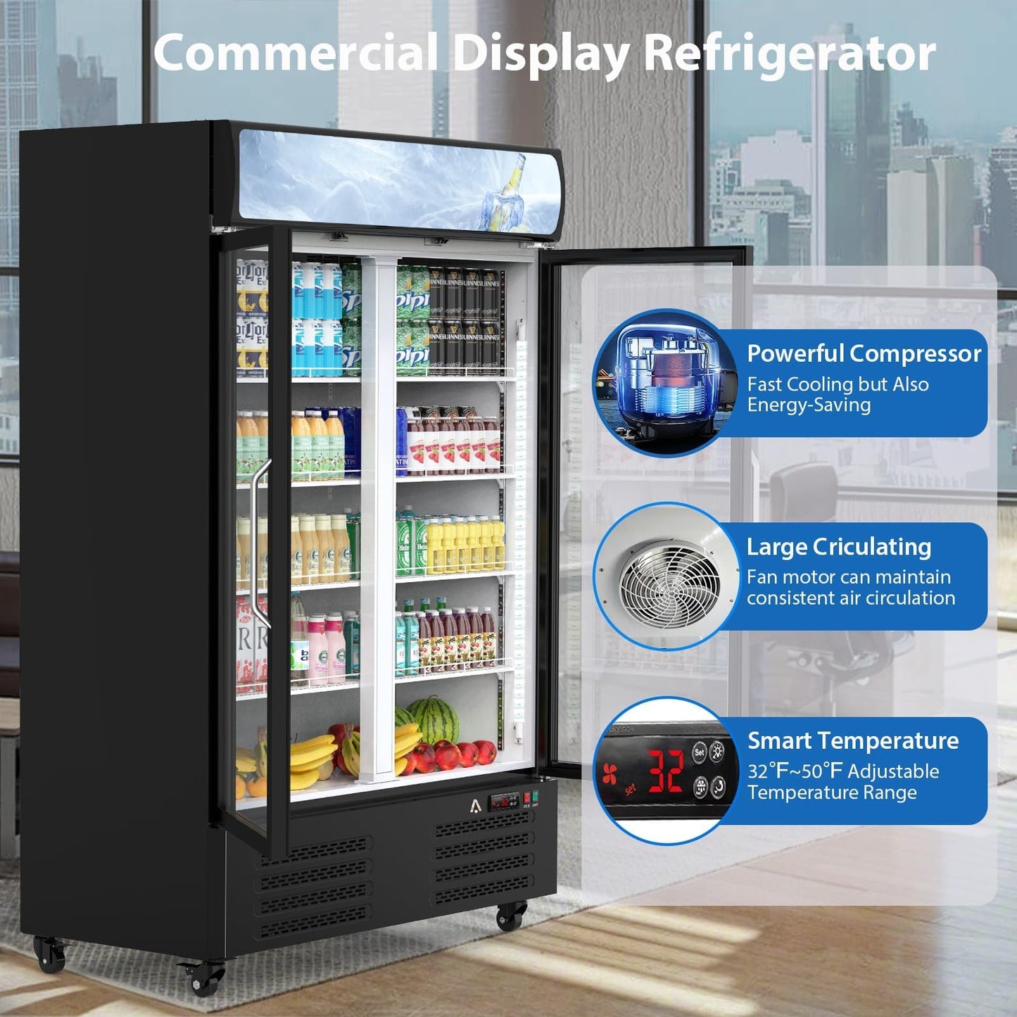 36.3 Cu.ft Commercial Beverage Refrigerator, Glass Door Upright Display Cooler, LED Light, Double Swing Doors, Adjustable Shelves, for Store, Restaurant, Bar, Office, Home