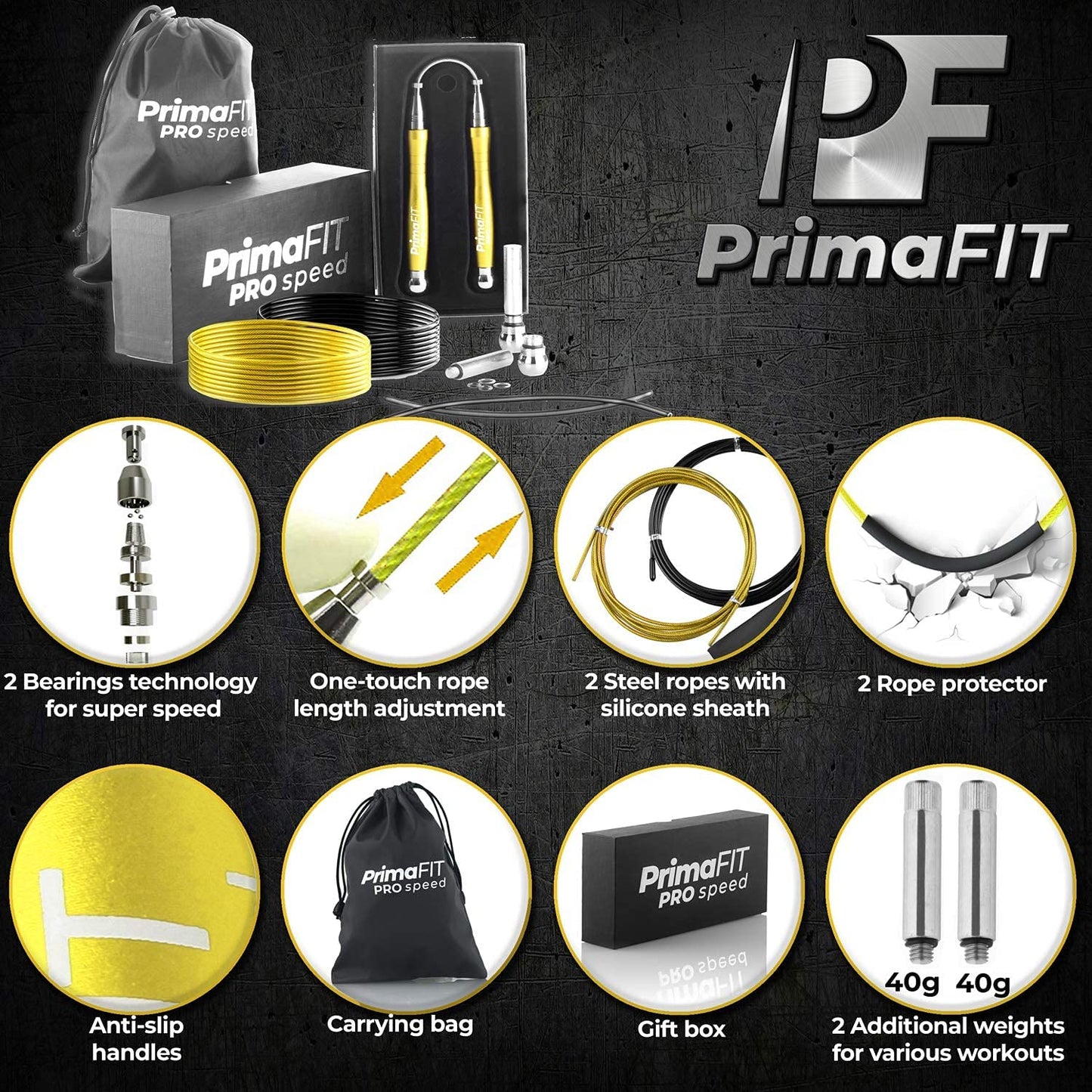 PrimaFIT Jump Rope Pro Speed Skipping Rope Adjustable Adult Jumping Rope Weighted Aluminium Handles for Double Dutch Boxing Workout Crossfit Exercise Fitness Spare Cable Weights Protectors Carry Bag