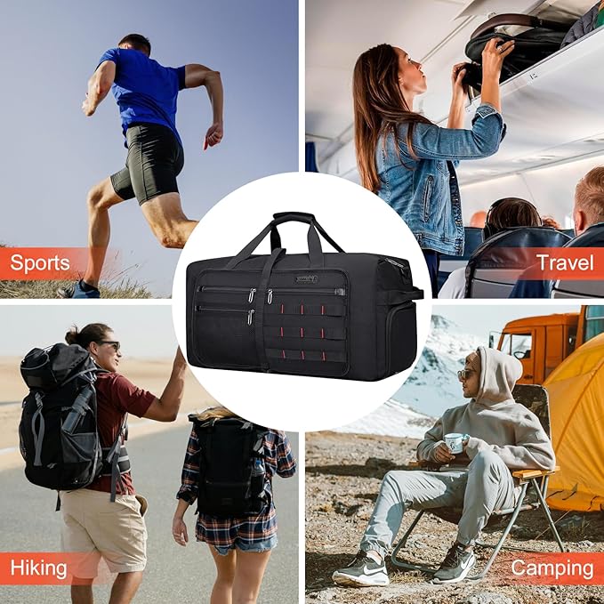 WITZMAN Foldable Duffle Bag for Travel 65L Lightweight Packable Duffel Bag with Shoes Compartment Overnight Bag for Men Women (B697 Black)