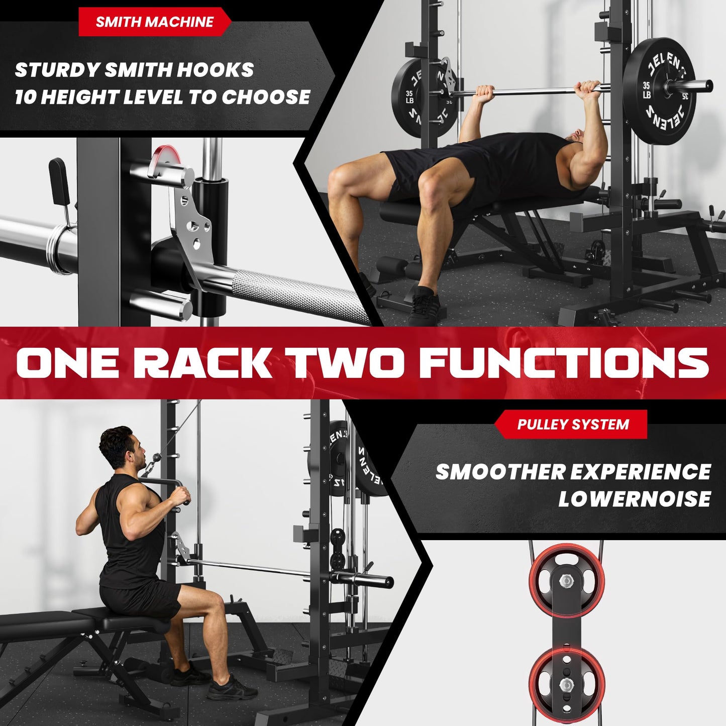 JELENS SR01 Smith Machine, 2000LBS Multi-Function Power Cage with LAT Pulldown System, All-in-One Home Gym Squat Rack with Smith Bar and Training Attachments (Black, SR01 Smith Machine)