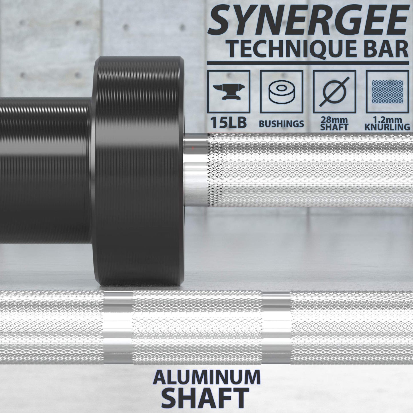 Synergee 15lb Technique Barbell Silver Aluminum Bar for Form & Technique Training for Power & Olympic Lifting.