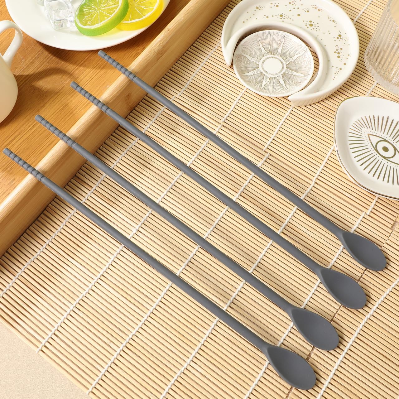 Garneck 2Pairs Double Head Silicone Spoon Stirring Chopsticks 11inch Long Chopsticks with Stirring Spoons Multi-Function Kitchen Utensils for Mixing Beverages