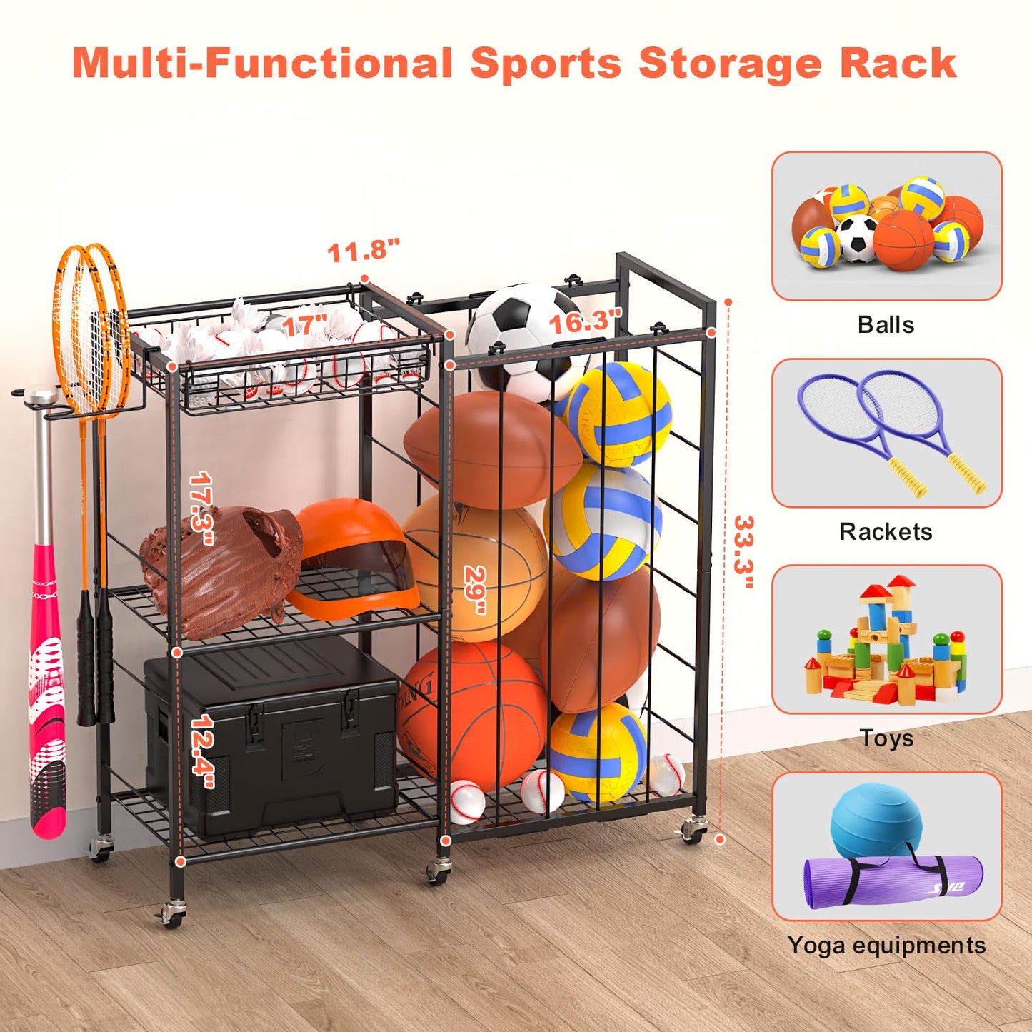 Multi-Functional Sports Equipment Organizer with Elastic Rope, Removable Basket & Racket Holders - Heavy-Duty Organizer for Balls, Tennis/Badminton Rackets - Ideal for Garage, Home Gym & Playroom