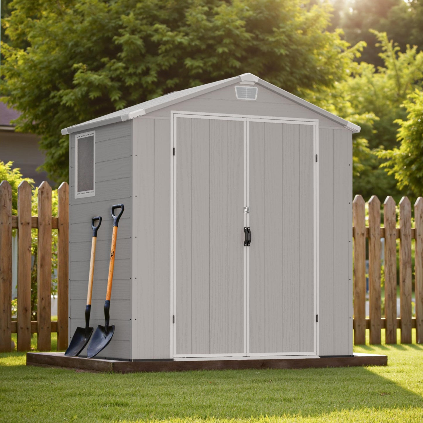 Greesum 6x4FT Plastic Outdoor Storage Shed with Floor, Resin Sheds with Lockable Double Door, Tool Sheds with Window and Vents, for Garden, Patio, Backyard, Light Gray