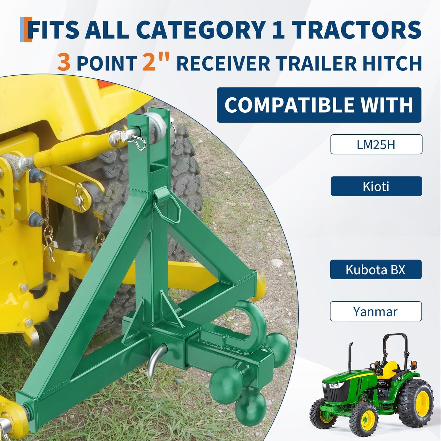 GarveeTech Tractor 3 Point Hitch Receiver - 2 in Receiver & Towing Ball Mount for Implements Hauling, 10,000 LB Tractor Trailer Hitch Attachment for Tractors Standard Category 1