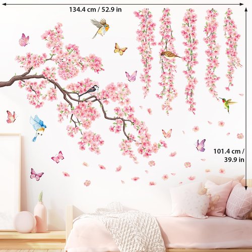 DECOWALL SG3-2320 Cherry Blossom Flower Wall Stickers Decals Branches Birds Butterflies Art Bedroom Floral Flower Girls Home Kids Living Nursery Pink Room Tree Nursery décor Baby