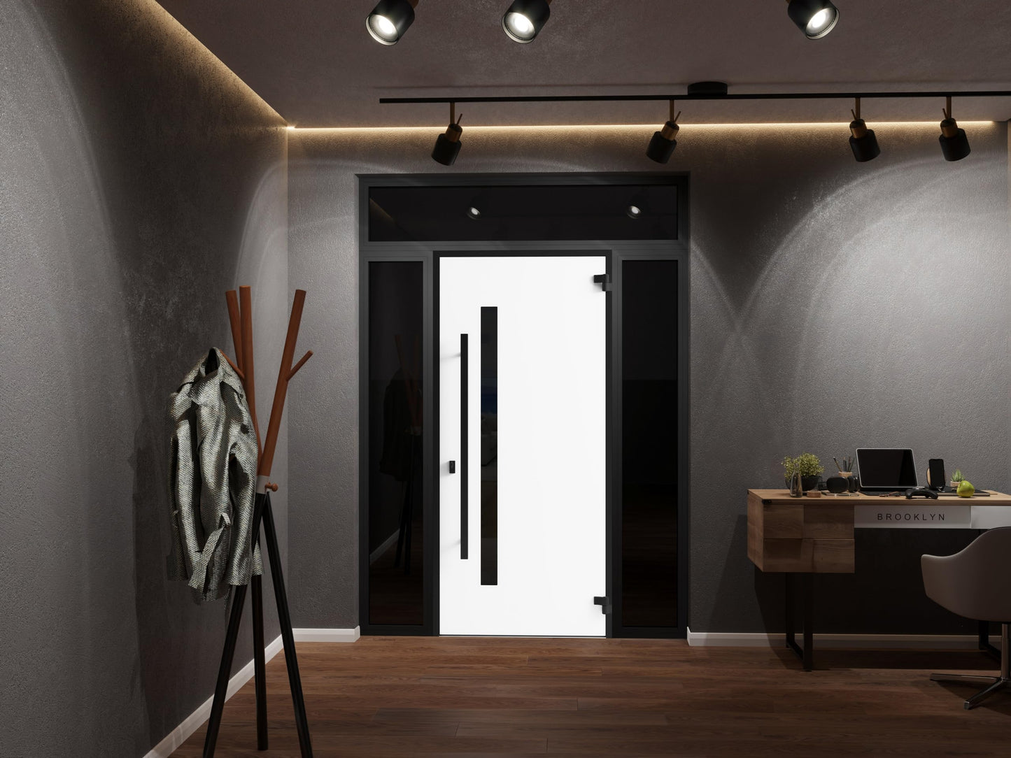 VDOMDOORS Front Exterior Prehung Steel Door/Ronex 0144 Grey / 2 Side and Top Exterior Window Sidelite/Entry Metal Modern Painted W16+36+16" x H80+16" Left Hand Inswing