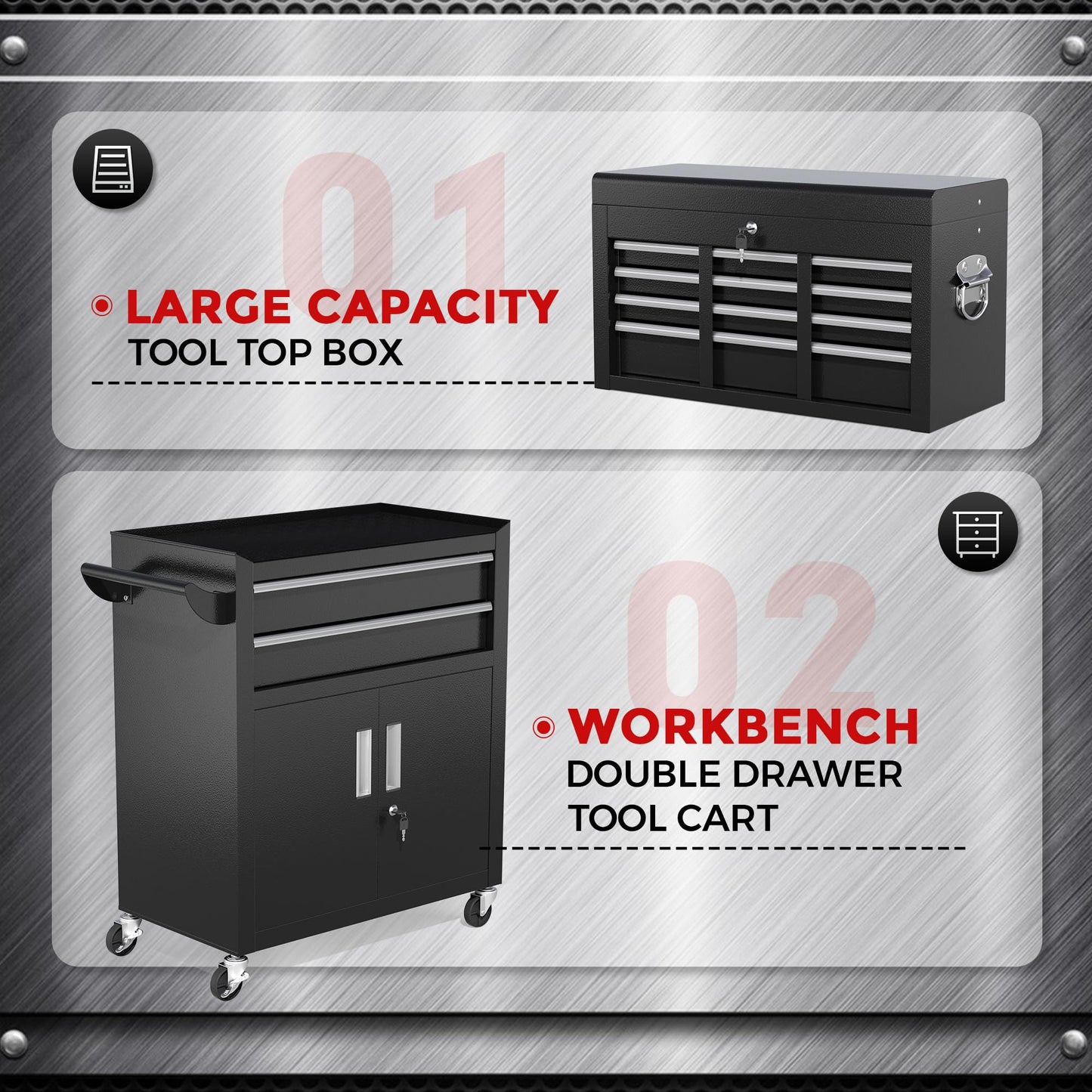 INTERGREAT 8-Drawers Rolling Tool Chest, Assembled Tool Chest with Wheels, Detachable Top Tool Box, Tool Cabinet for Repair Room,Warehouse, Rolling Tool Box with Hooks,Tray Divider,Liners(Black)