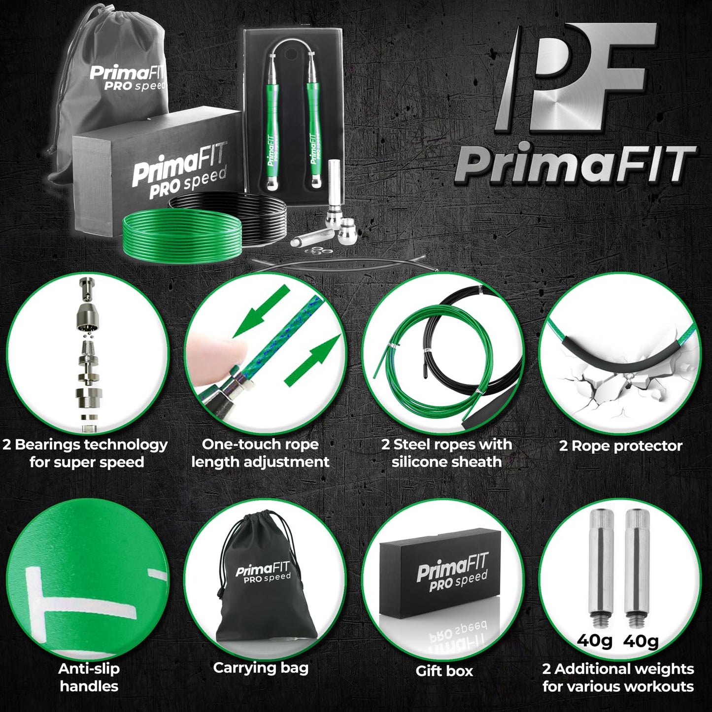 PrimaFIT Jump Rope Pro Speed Skipping Rope Adjustable Adult Jumping Rope Weighted Aluminium Handles for Double Dutch Boxing Workout Crossfit Exercise Fitness Spare Cable Weights Protectors Carry Bag