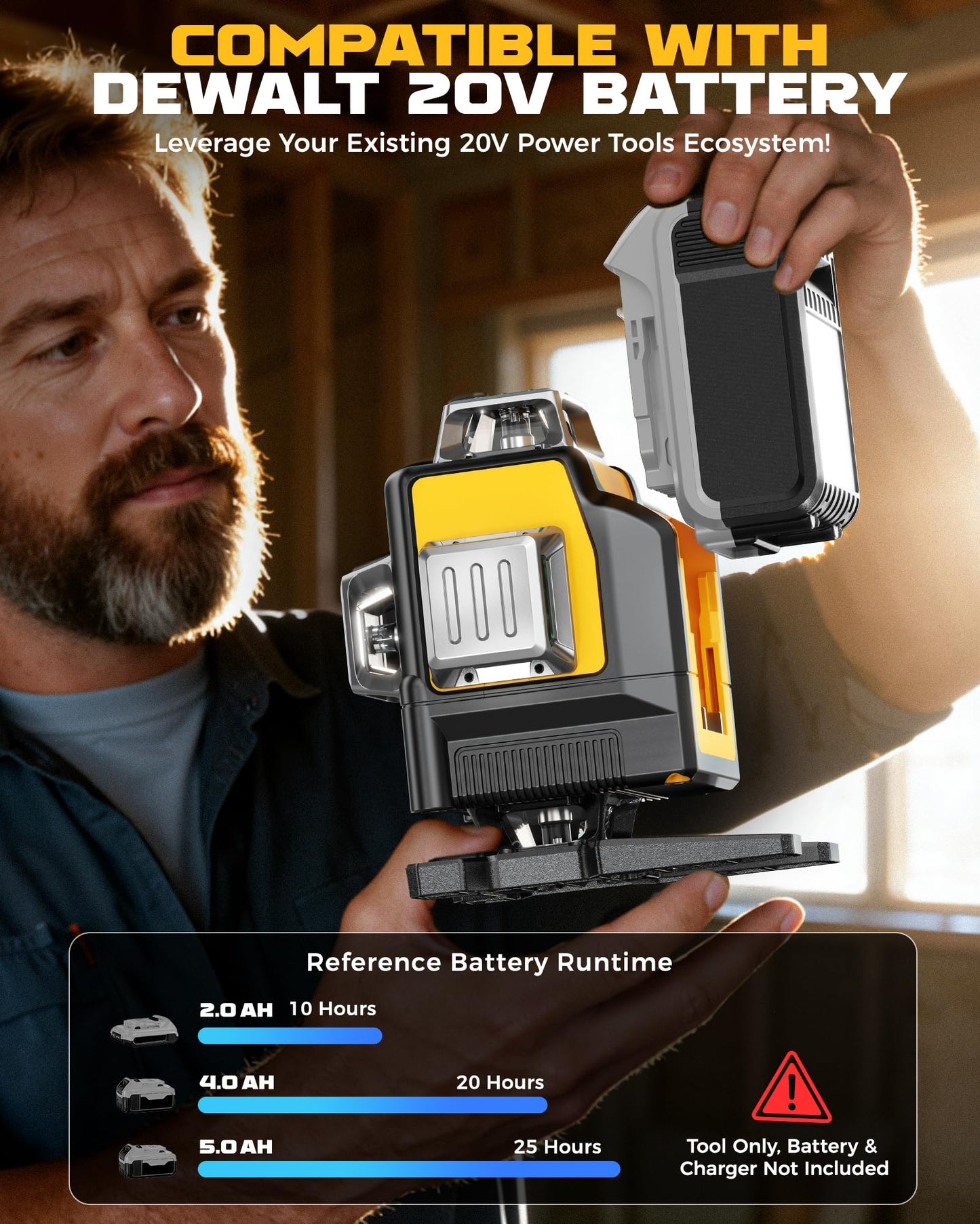 DIYtoolifz Laser Level Compatible with DeWalt 20V Battery, 4D 4x360° Self Leveling, 4 Way Green 16-Line Lazer Leveler Tool for Construction Project, Floor Tile, Home Renovation, Indoor Use, Tool Only