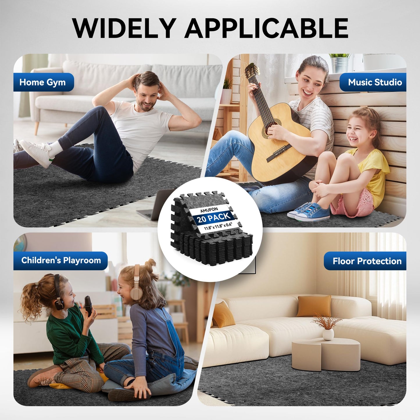 20 Pcs Interlocking Sound Absorbing Floor Mats, 11" x 11" x 0.4" High Density Anti Vibration Noise Reduction Pads, Non-Slip Felt Puzzle Mats for Drum, Piano, Music Studio, Home Gym
