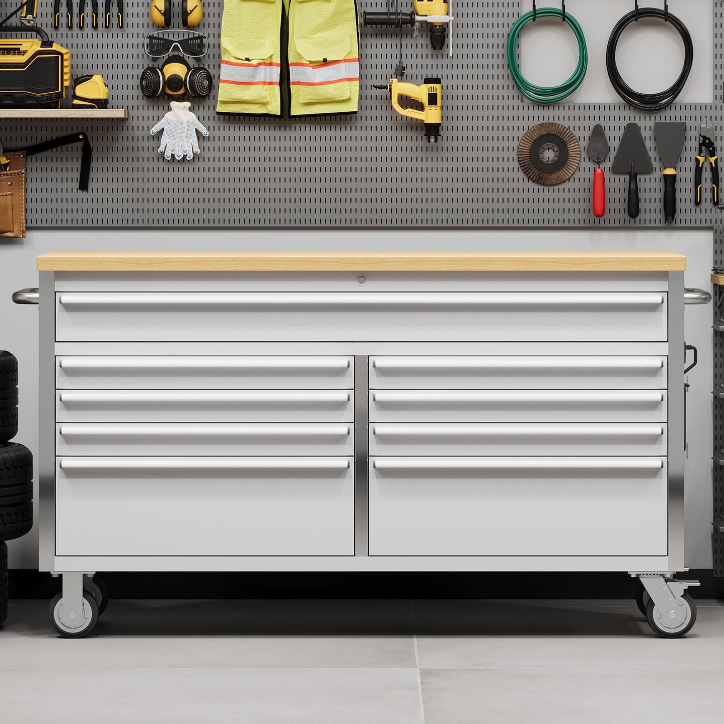 PeakPursuit 61" Rolling Tool Chest with 9 Drawers, Solid Rubber Wood Workbench Top, Locking Wheels & Key Lock, Mobile Garage Tool Cabinet for Workshop Storage & Organization, Silver