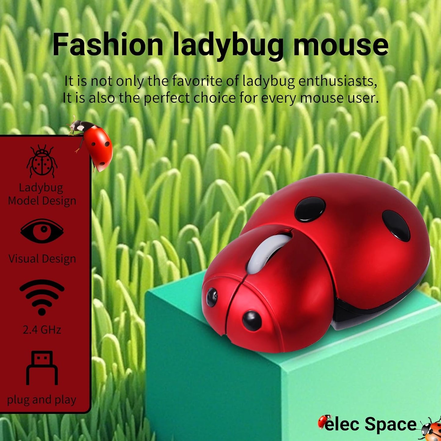 elec Space Wireless Mouse for Laptop & Kids, Cute Ladybug Shape Ergonomic Mouse with Case, Cordless for Laptop, PC, Mac