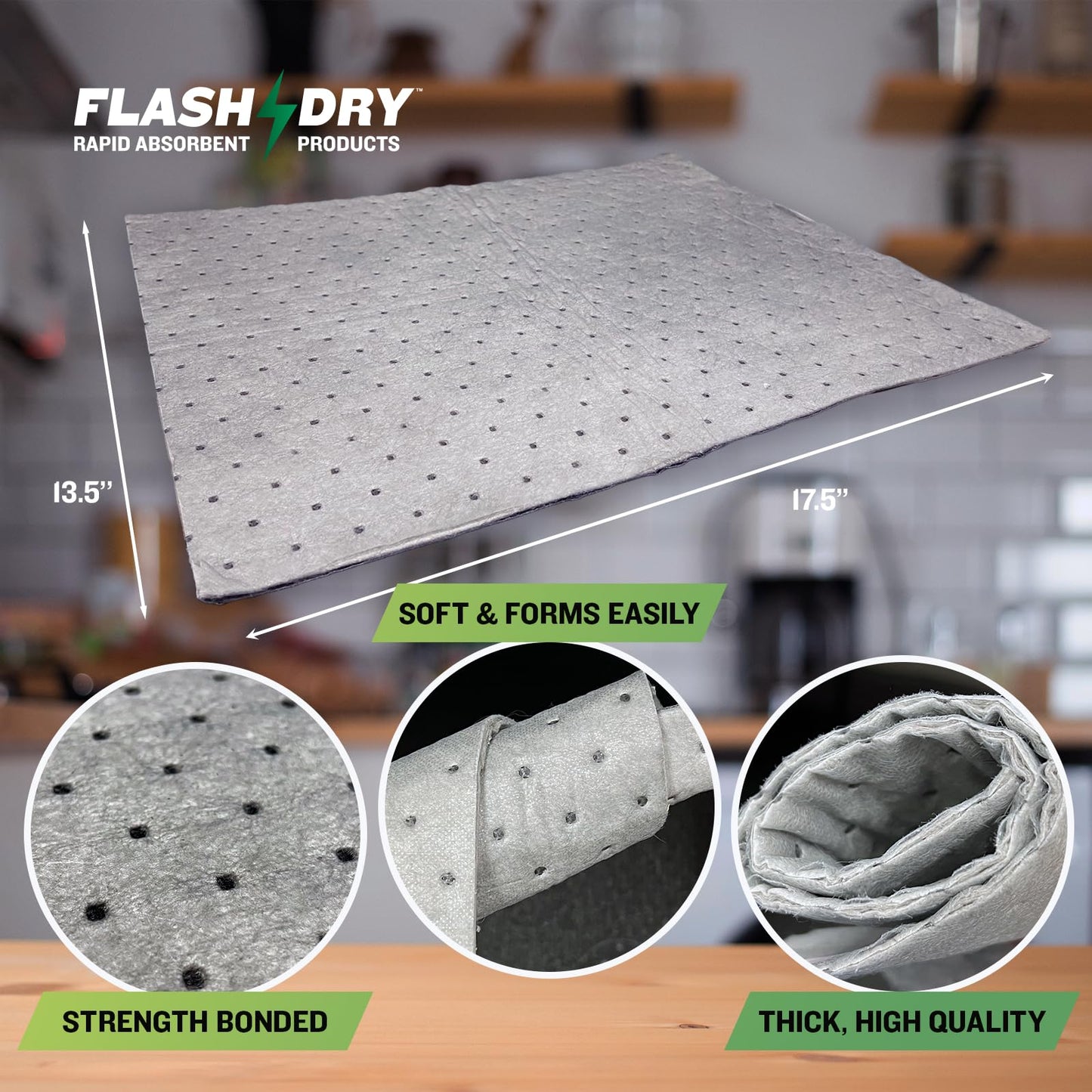 FLASHDRY Universal Spill Absorbent Pads, 200-Count, 17.5" x 13.5", Absorbs Oil, Grease, Coolant & Solvents, for Garages, Warehouses, Factories & Industrial Facilities