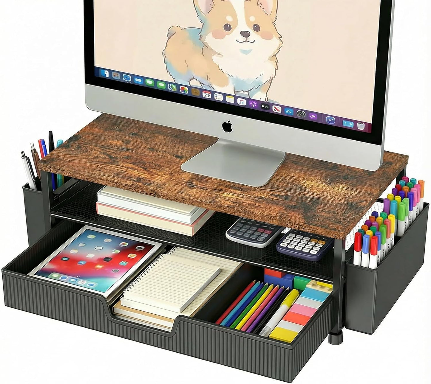 2-Tier 2 ECOLOVI Desk Organizer and Accessories, Computer Monitor Stand Rise with Storage Drawer & Pen Holders, Laptop