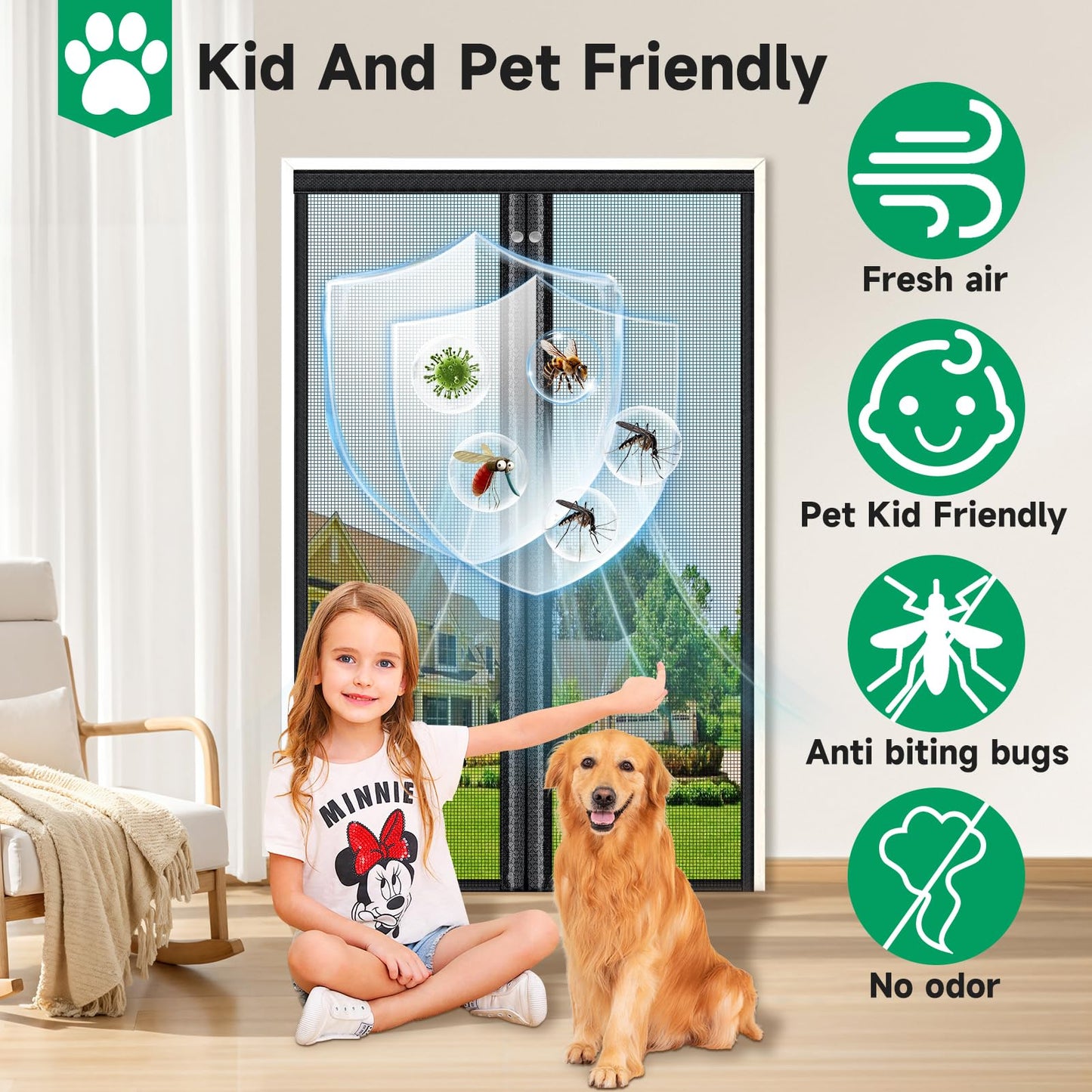 HOFUDON Upgraded Magnetic Screen Door Mesh, Full Strip Magnets, Heavy Duty Fiberglass Mesh, Door Screen Magnetic Closure for Single Door Size 32 x 80 Inch, Screen Door Size 35 x 82 Inch Black