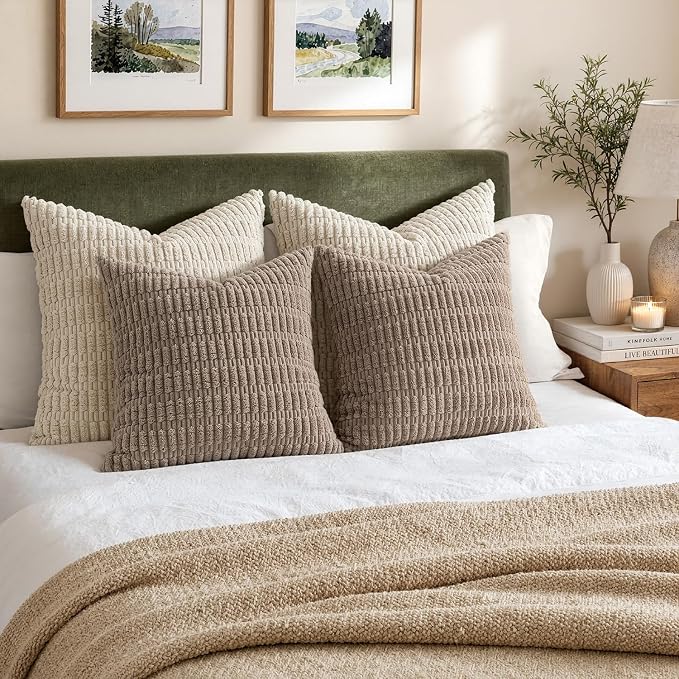 MIULEE Pack of 2 Corduroy Decorative Euro Sham Throw Pillow Covers 26x26 Inch Soft Boho Striped Pillow Covers Modern Farmhouse Home Decor for Sofa Living Room Couch Bed Light Brown
