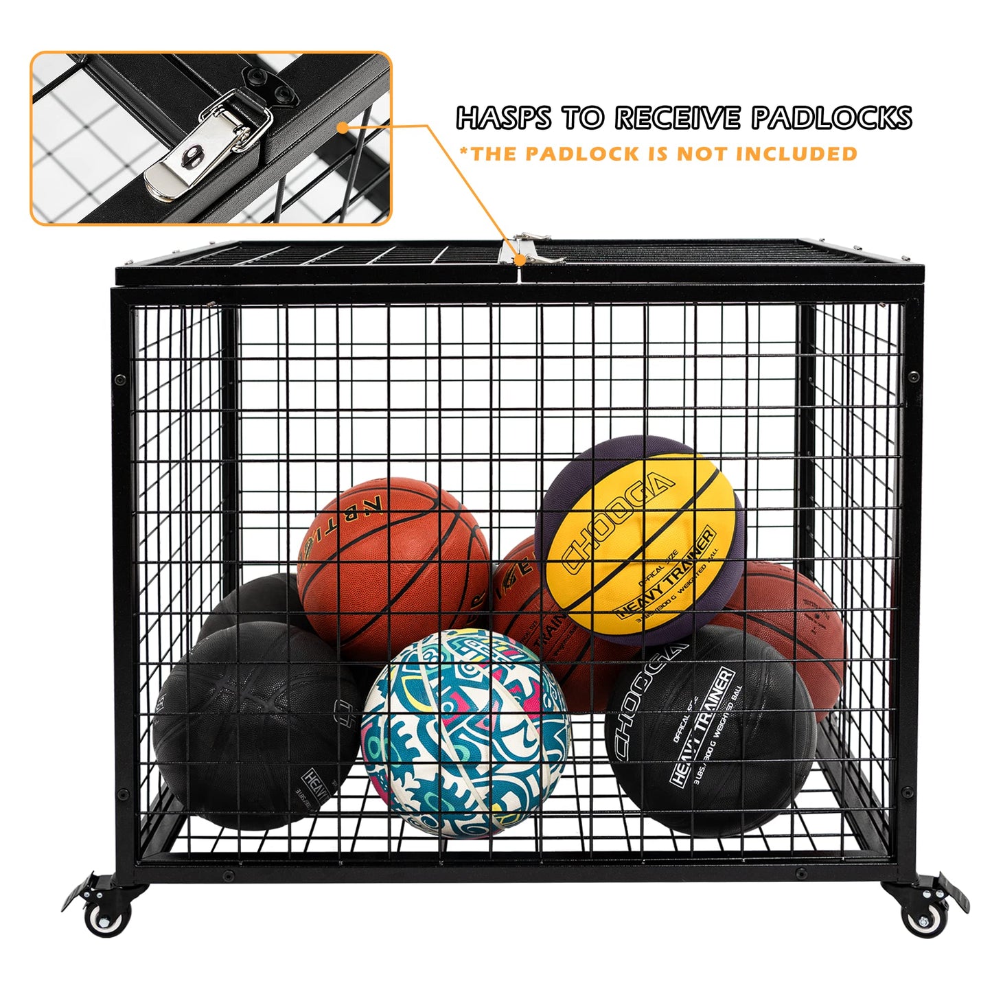 Ball Cart Garage Sports Equipment Organizer with Lockable Lid, Basketball Storage Bin for Indoor Outdoor, Rolling Exercise Ball Cart Holder for Gym, School, Club