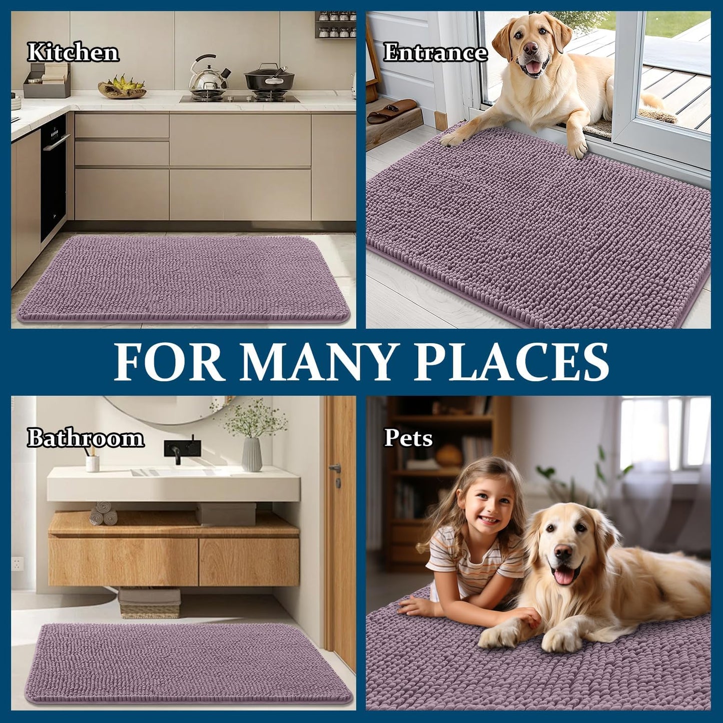OLANLY Dog Door Mat - Absorbent Non-Slip Mud Mat for Indoor Use | Quick Dry Chenille, 34x21, Deep Plum