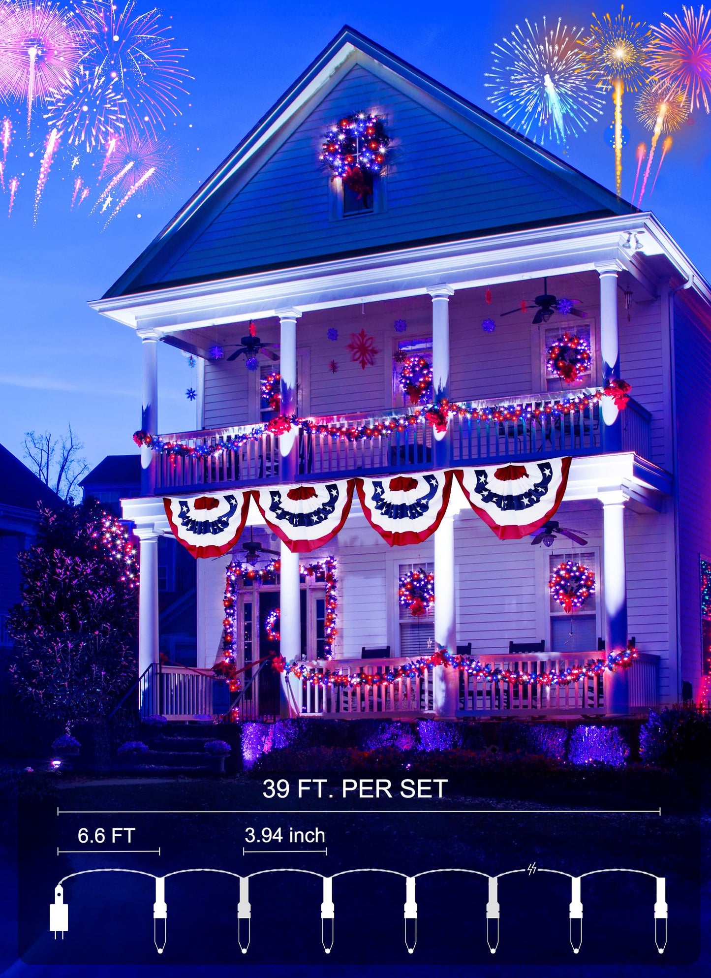 Minetom String Lights - 100 LED Waterproof Mini Lights with Remote, 33 Feet, Red White Blue - White Wire, Model DMO-S-100