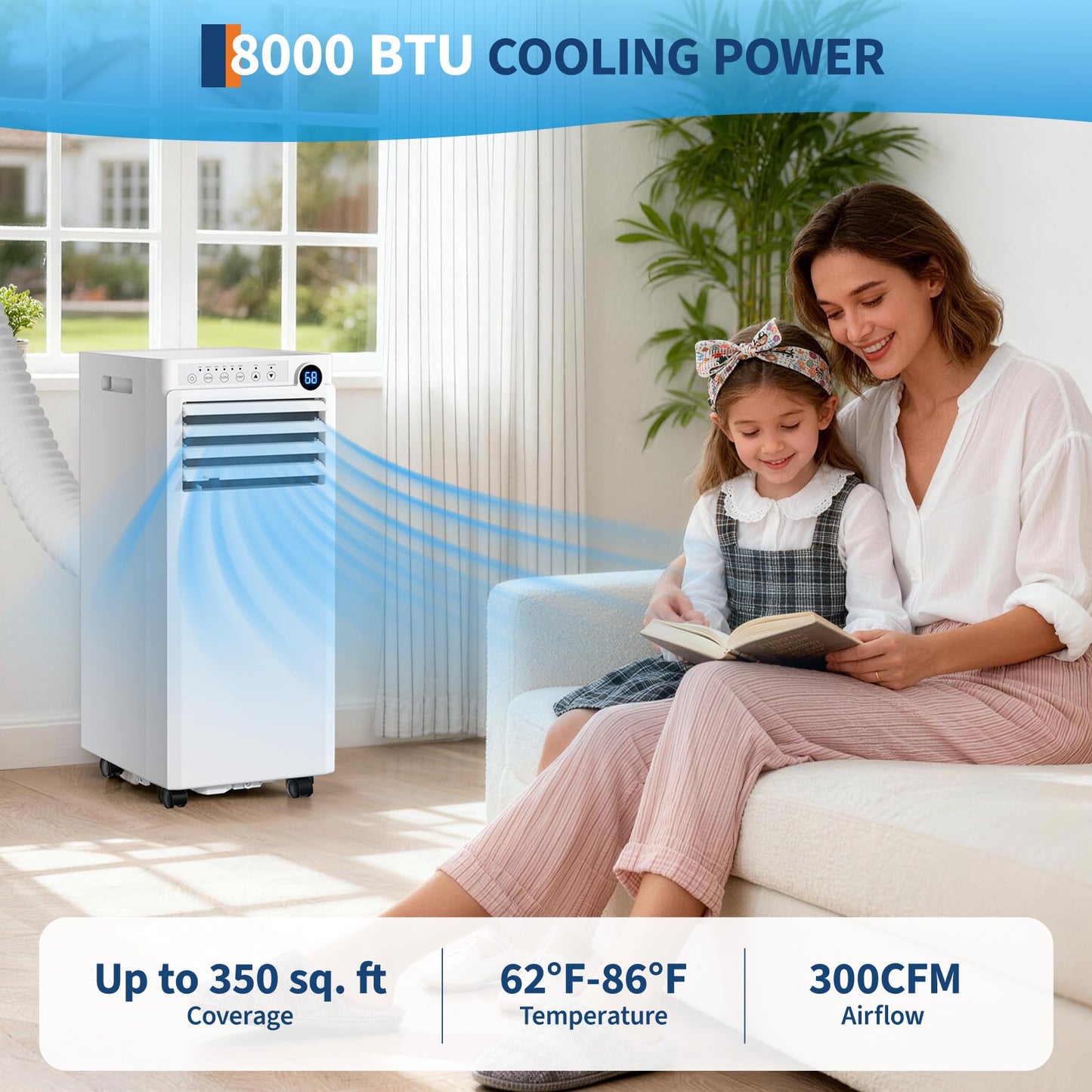 8000 BTU Portable Air Conditioner, 3-in-1 Small Portable AC Unit for Rooms to 350 Sq. Ft. with Cooling, Dehumidifier & Fan Modes, Remote, LED Display, 24H Timer, for Bedroom, Office (8000, BTUs)