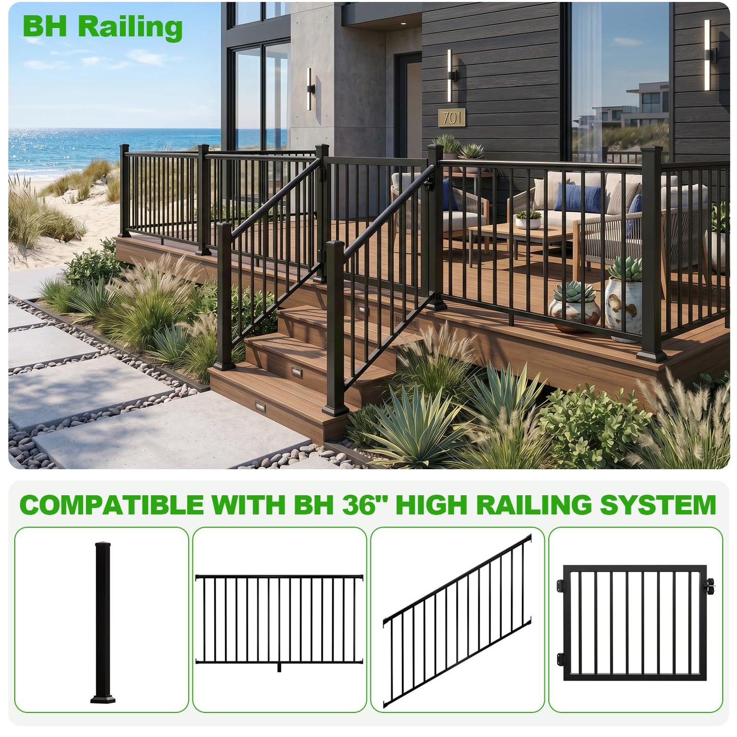 BH Railing 36" H x 40" W Heavy Duty Aluminum Picket Gate Kit – Modern Minimalist Design, AAMA 2604 Powder-Coated Textured Black, Rust & Corrosion Resistant, Maintenance-Free, Easy Installation