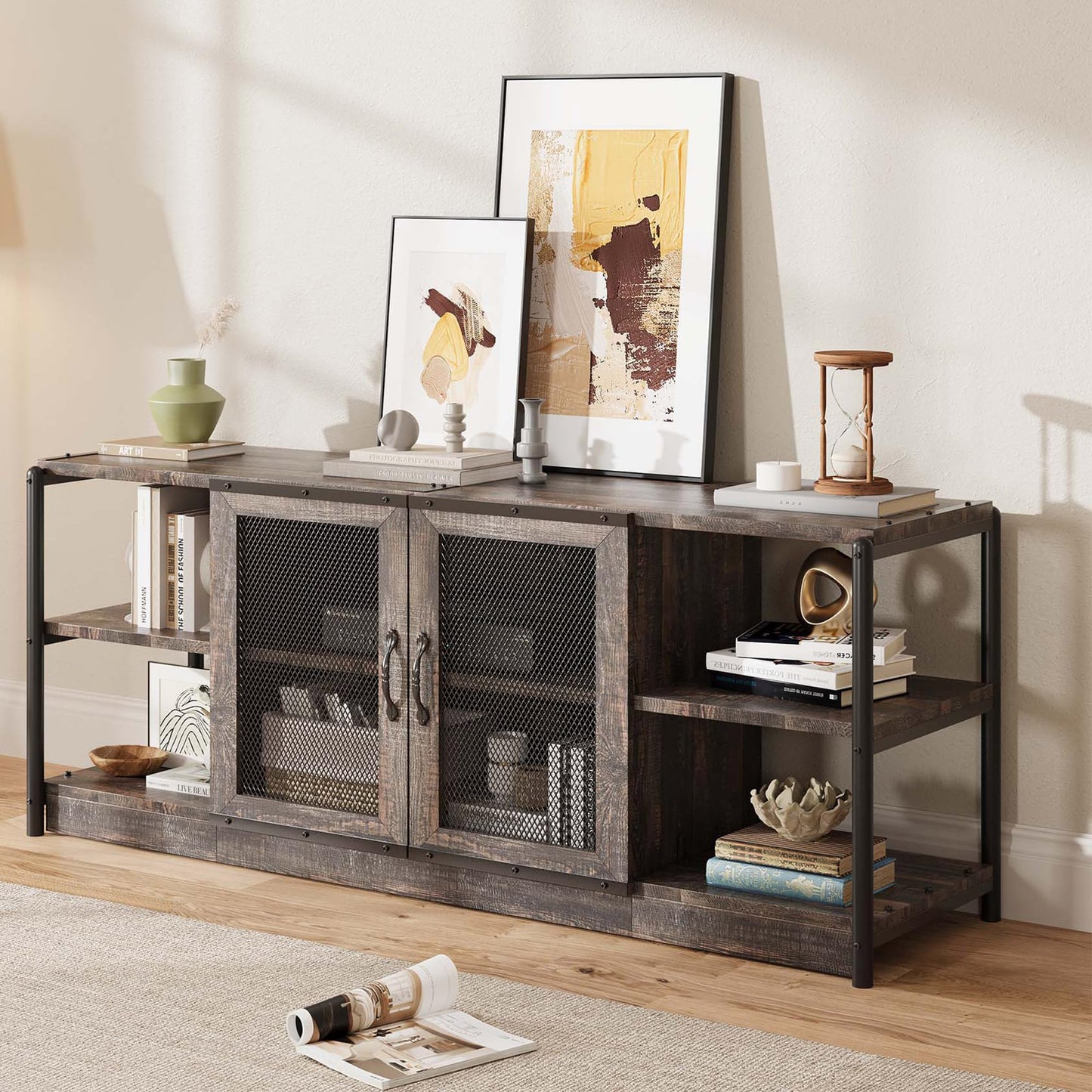 IDEALHOUSE Farmhouse TV Stand for 65/75 inches TVs, Entertainment Center with Storage Cabinet, Industrial Media Console Cabinet Table, Living Room Media Furniture, Rustic Oak