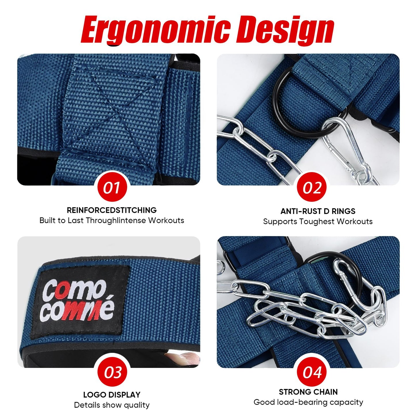 Fitness Neck Head Harness Trainer for Men and Women, Blue Neck Exerciser with 30" Heavy Duty Steel Chain for Safely Lifting, Adjustable Neoprene Neck Exerciser for Weight Lifting, Home and Gym Use