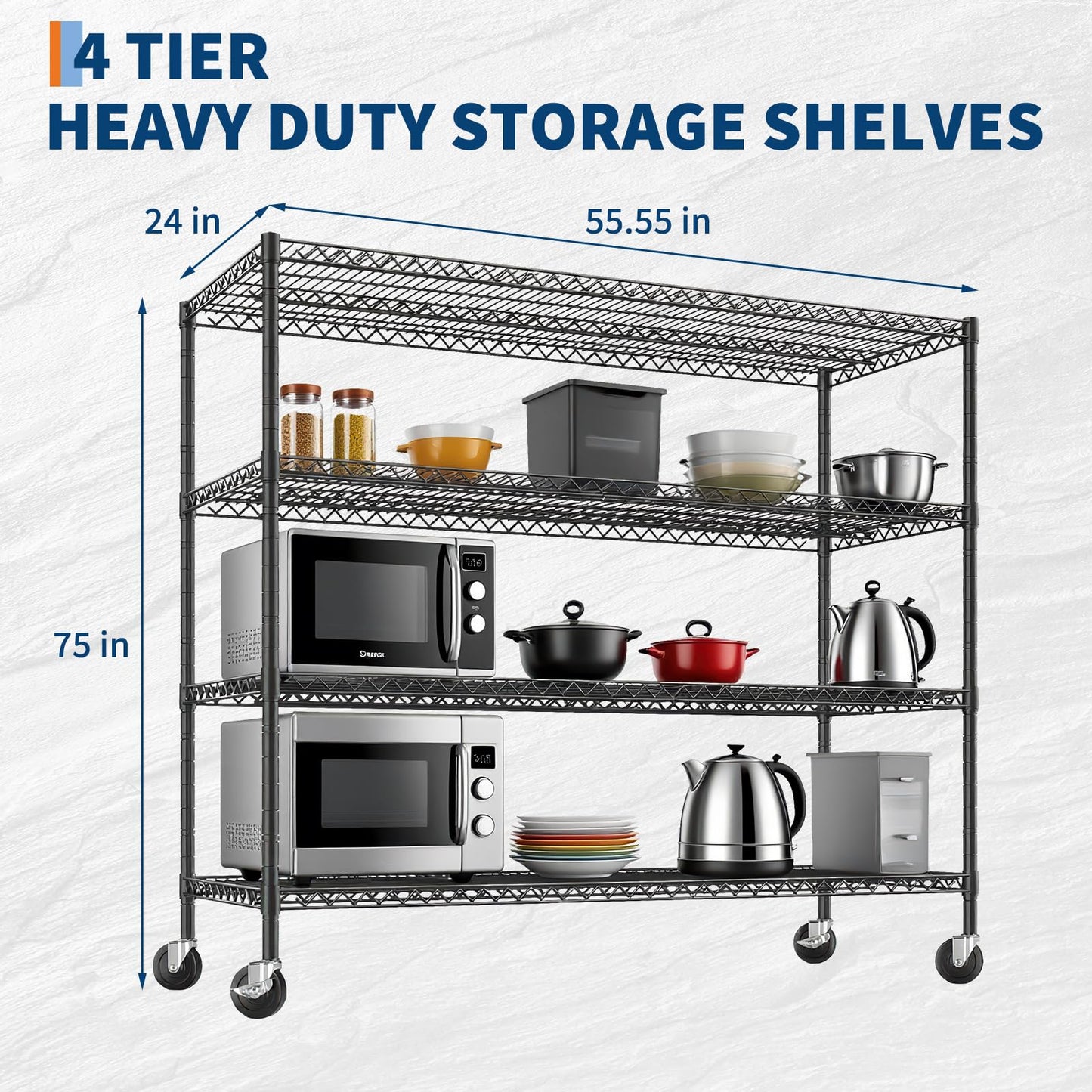4 Tier Heavy Duty Wire Garage Shelving with Wheels, 2200 LBS Capacity, 24"D x 56"W x 75"H, Adjustable Metal Storage Rack, Industrial Shelves for Warehouse, Kitchen, Garage, Pantry and Utility Room