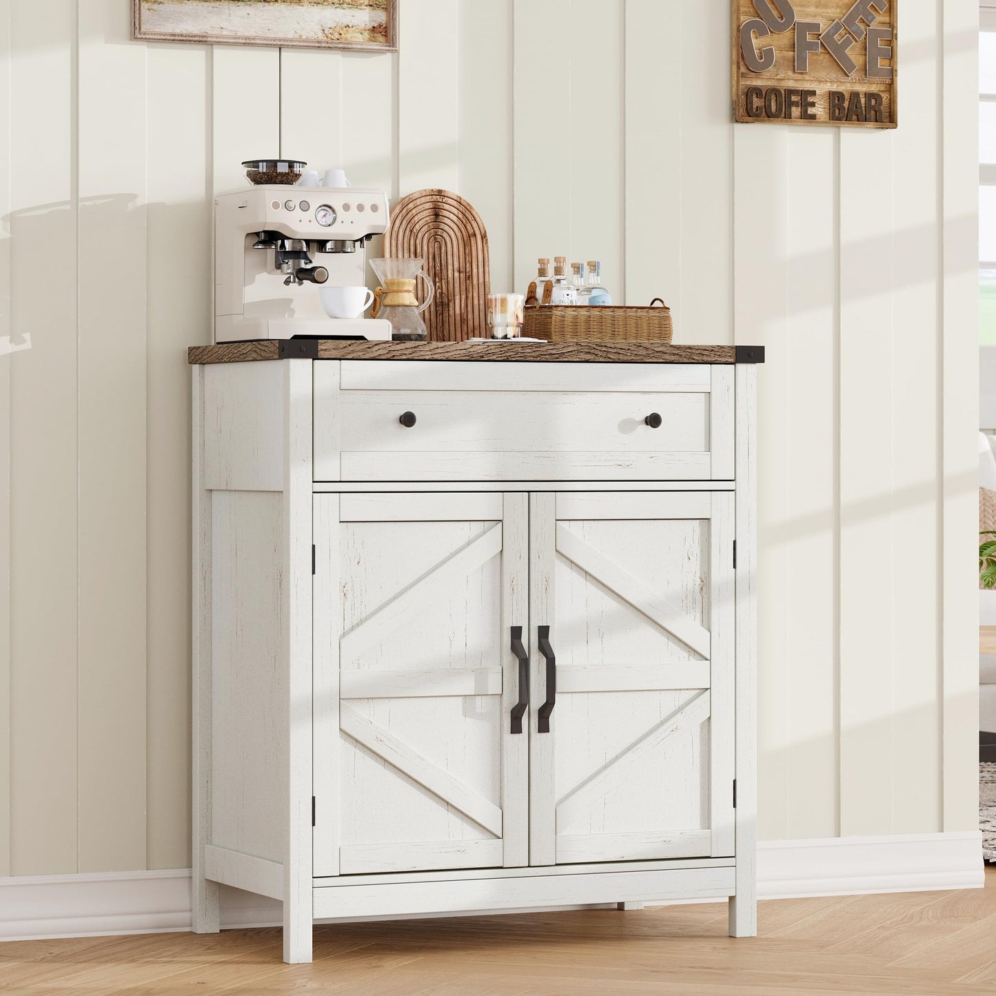 ChooChoo Kitchen Storage Cabinet, Coffee Bar Cabinet, Farmhouse Buffet Sideboard with Drawer for Kitchen, Living Room, White