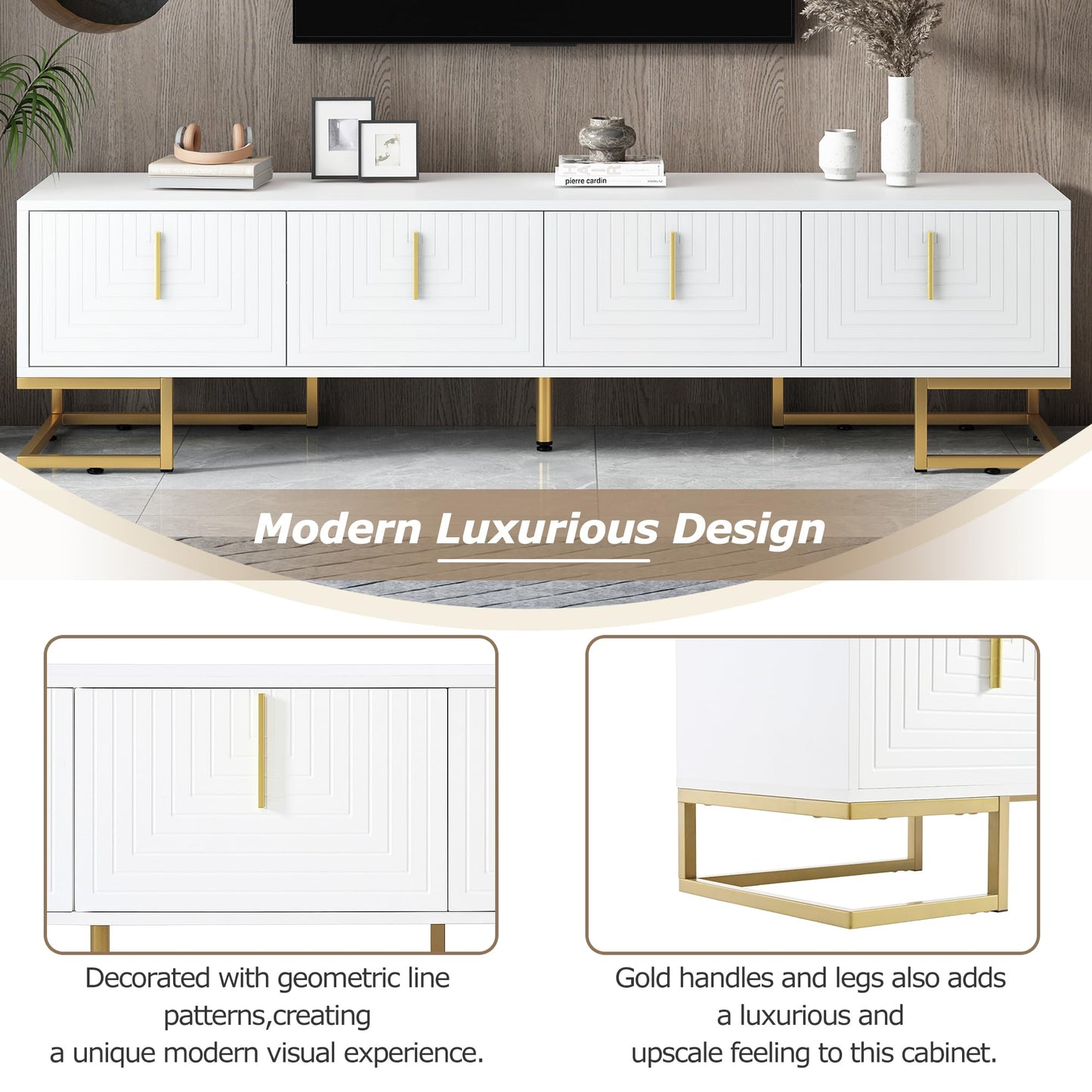 Ball & Cast Modern TV Stand with Storage Cabinets for TVs up to 80", Luxury Media Console w/Metal Legs & Gold Handles,Geometric Lines & Adjustable Shelf,Entertainment Center for Living Room,White