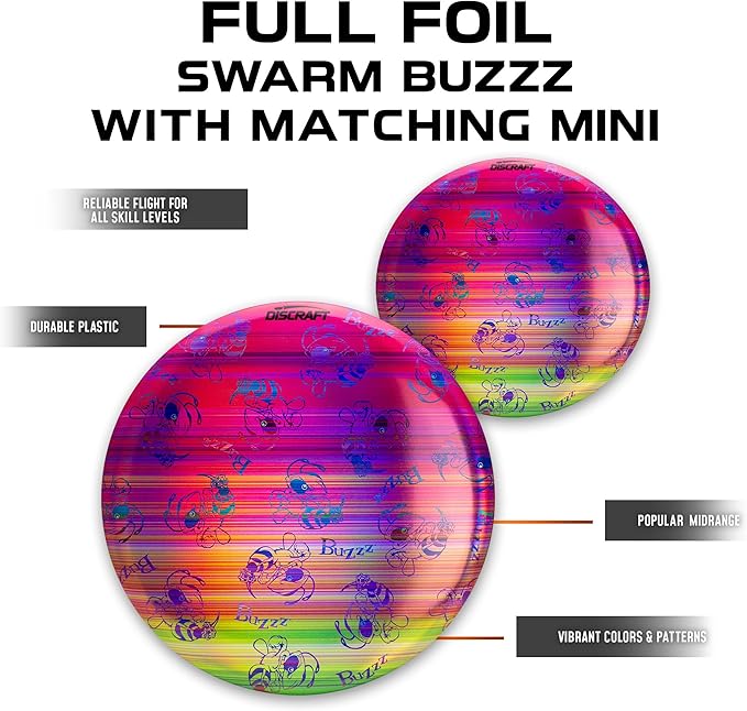 Discraft Full Foil Swarm Buzzz with Matching Mini – Disc Golf Set | Midrange & Mini | ESP | Supercolor | 170 – 177+ Grams