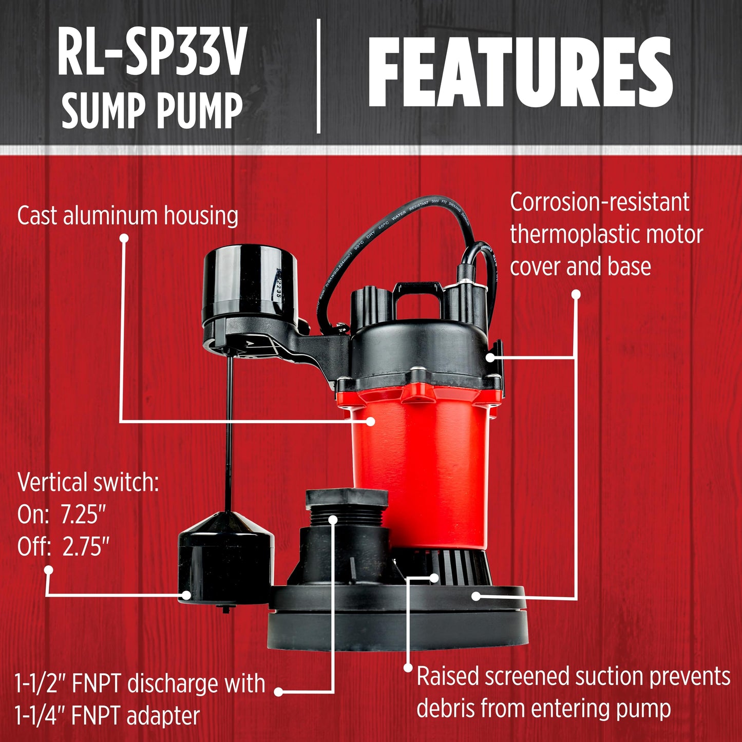 Red Lion RL-SP33V 115-Volt, 1/3 HP, 3200 GPH Aluminum and Thermoplastic Sump Pump with Vertical Switch and 8-Ft. Cord, Red, 14942741