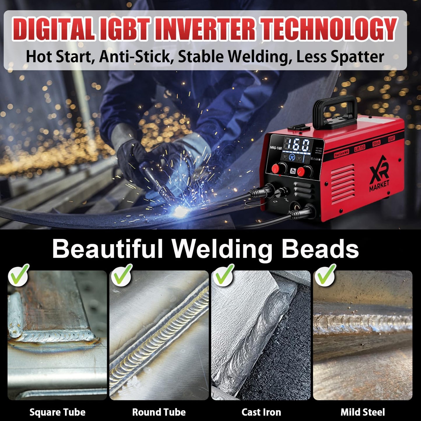 XR MARKET 160Amp 3 IN 1 Welder, Flux Core Welder/Lift TIG/Stick Welding Machine, Auto Darkening Welding Glasses MIG Welder, Portable MINI Welder Machine 110V, Gasless MIG Welder with IGBT Inverter