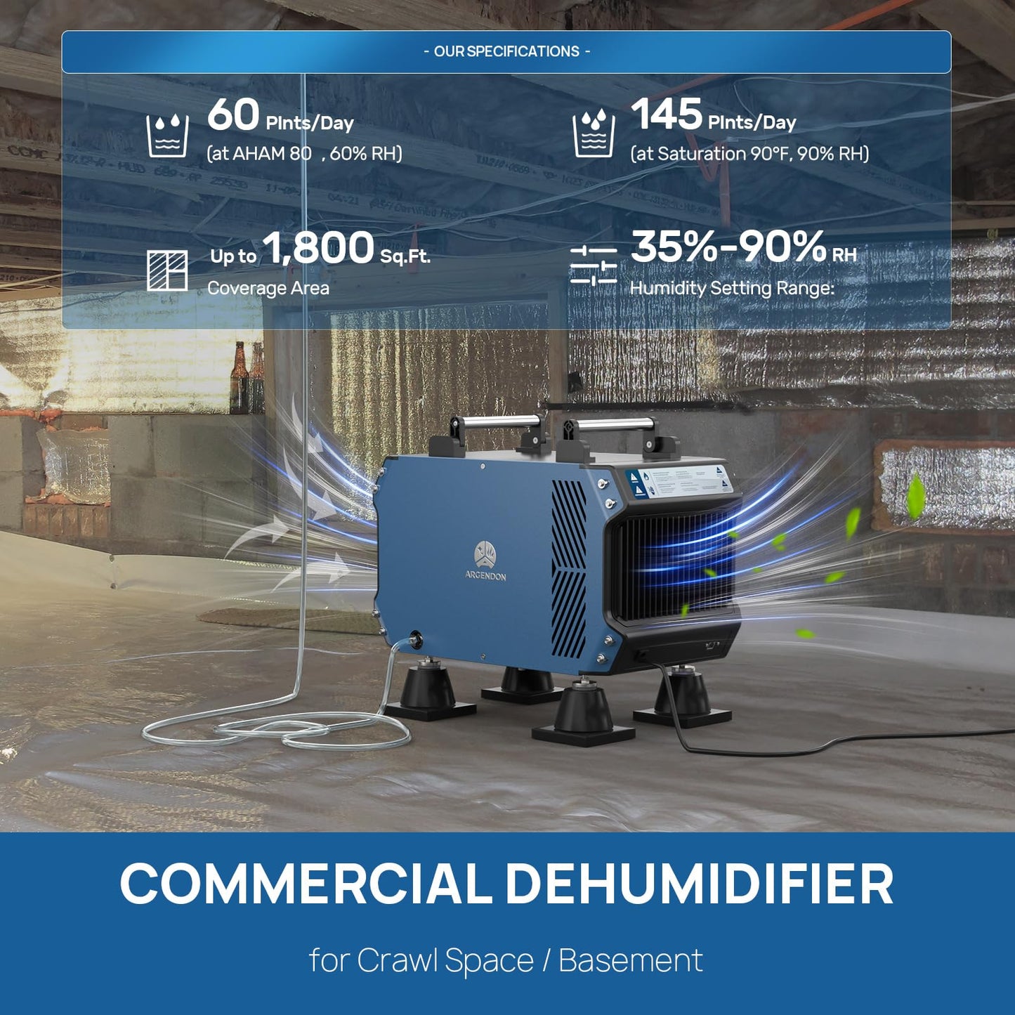 ARGENDON 145 Pint Crawl Spaces Dehumidifier with Pump, Commercial Dehumidifier with Drain Hose for Basement, Auto Defrost, Compact, Large Spaces up to 1800 Sq.Ft, 5 Years Limited Warranty