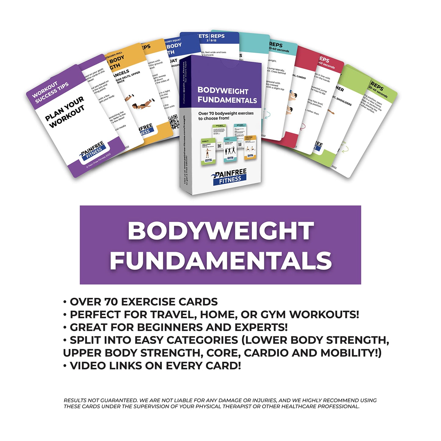 65 Bodyweight Workout Cards Deck 3x5''- Fundamental Exercise Cards for Home Workouts - Beginner to Intermediate - QR Video Guides & Inclusive Artwork - Tear-Resistant