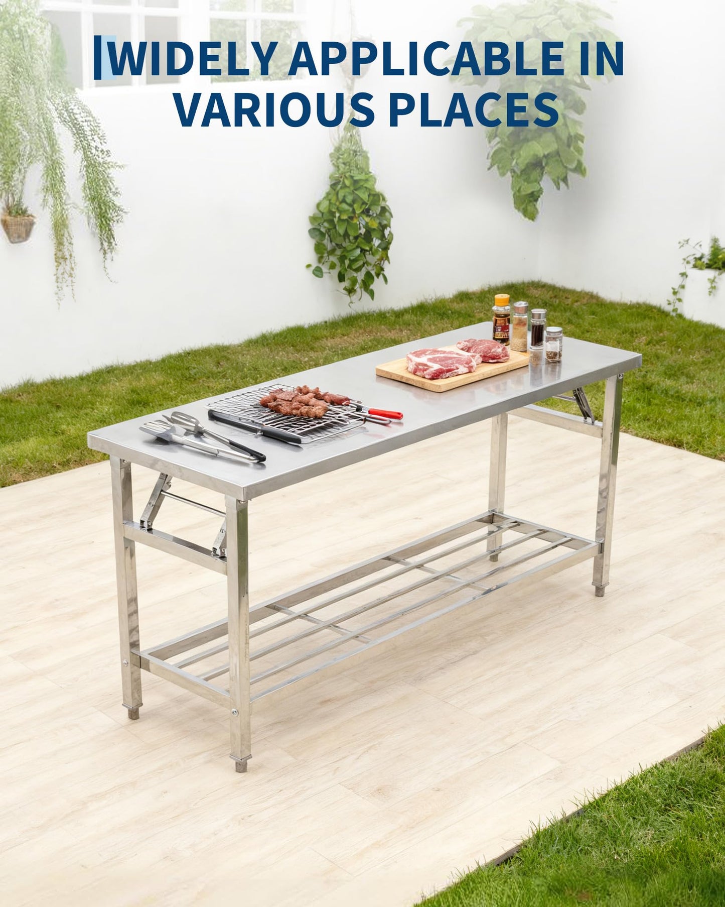 Commercial Stainless Steel Folding Table with Undershelf，48 x 30 Inch Heavy-Duty Kitchen Island Worktable Workstation for Food Prep, Restaurant, Catering & Home Use | Portable Work Table for Kitchen,