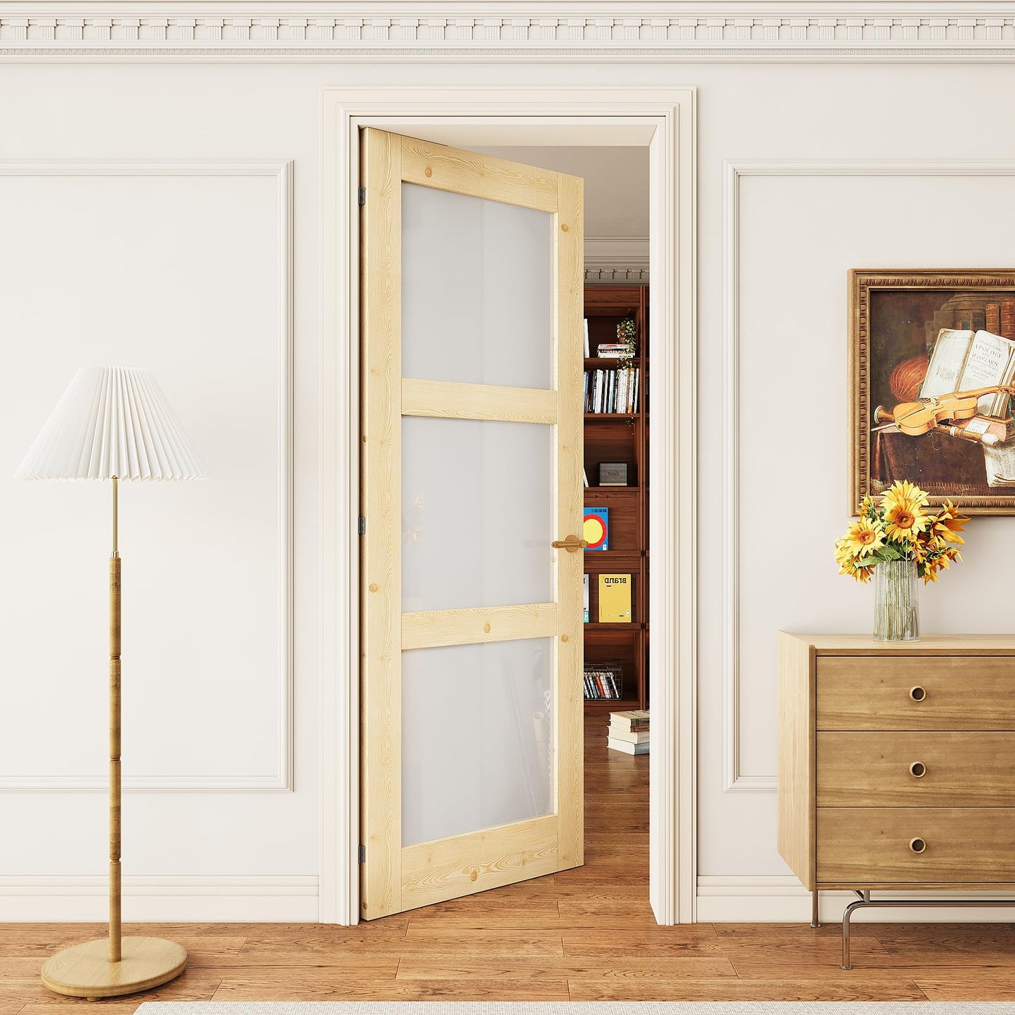 30x80 3-Panel Prebuilt Frosted Glass Wood Door Slab, Sliding Barn Wood Door with Glass, Interior Doors, Solid Natural Pine Panelled Slab, as Storage, Bedroom, Pantry, Laundry Room Doors