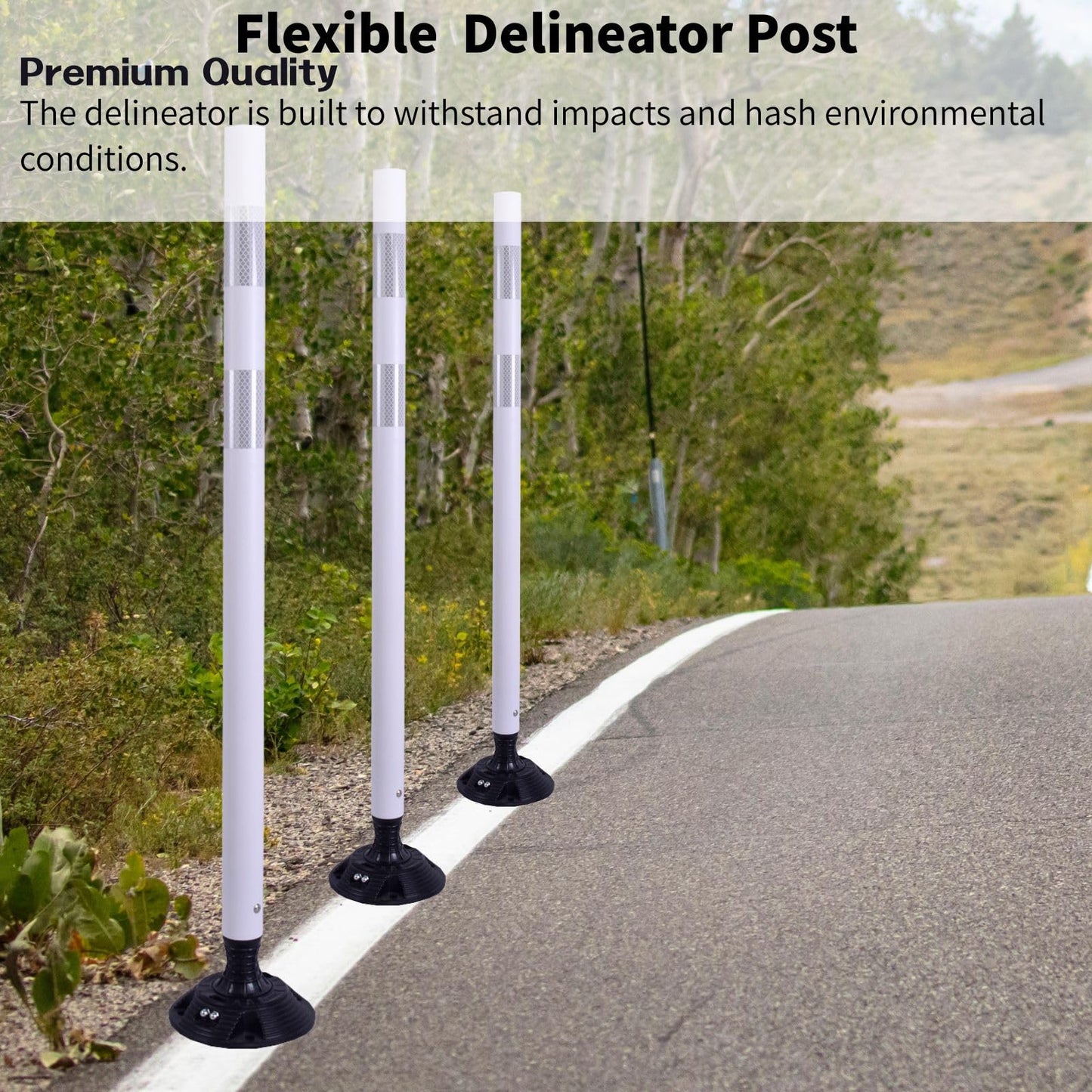8 Pack Traffic Delineator Posts – High Visibility Reflective Safety Cones with Spring Base for Roadway, Parking, Garage, Construction Zones (White, 48 Inch)