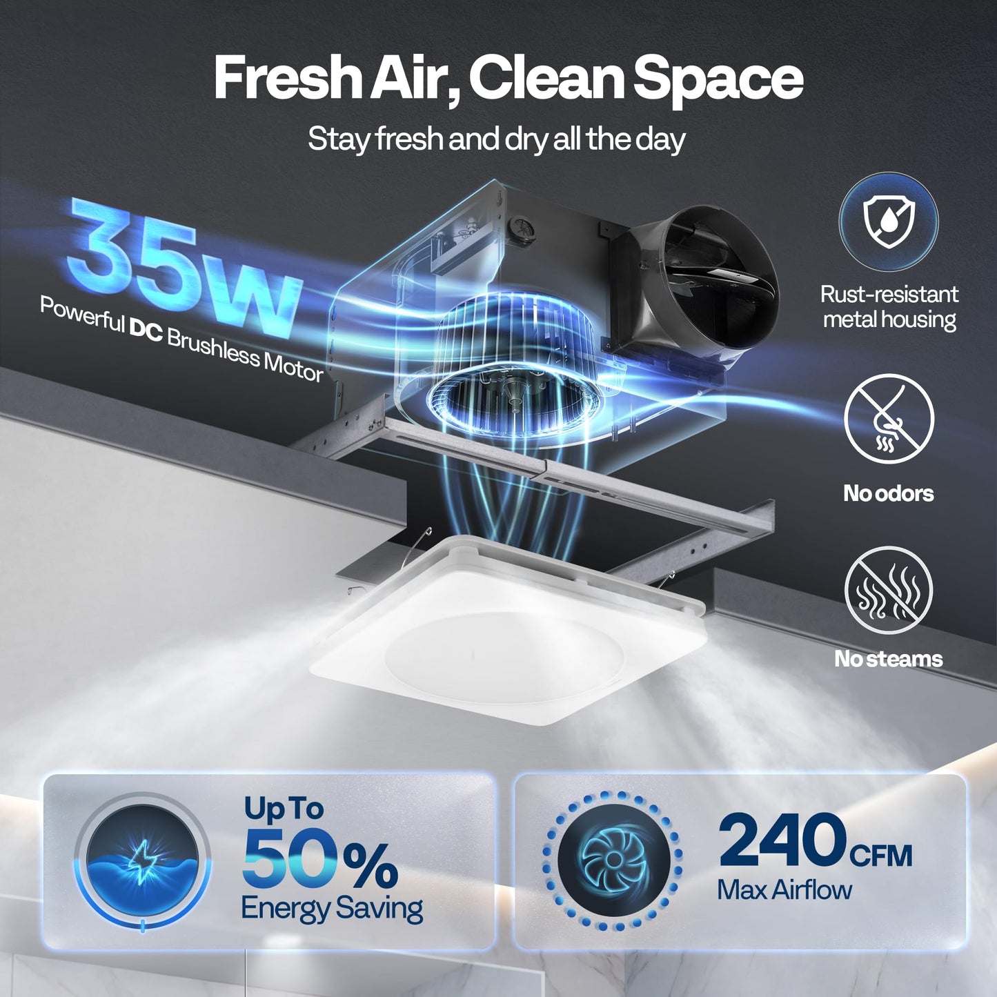 VIVOHOME Bathroom Exhaust Fan with Humidity Sensor, 240 CFM, 5-Colo with Humidity Sensor, 240 CFM, 5-Color LED, Remote Control and 10" Shutter Exhaust Fan with EC Motor, 900 CFM, Variable Speed, Timer