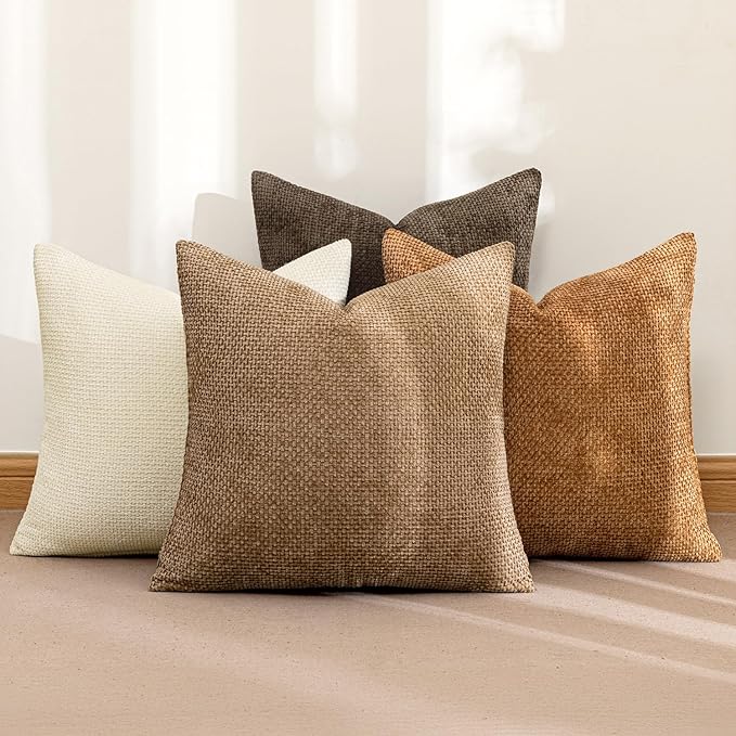 MIULEE Pack of 4 Brown Couch Throw Pillow Covers 18x18 Inch Soft Decorative Chenille Pillows Farmhouse Accent Cushions for Boho Home Decor Spring Sofa Bedroom Living Room