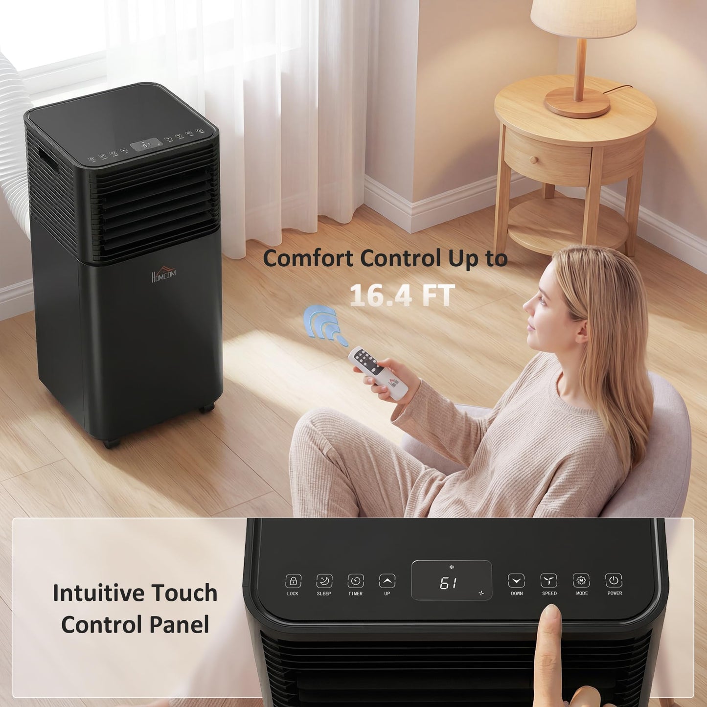 HOMCOM 10000 BTU Portable Air Conditioner for Rooms up to 441 Sq.Ft., 4-in-1 Mobile AC Unit with Dehumidifier, Cooling Fan, Sleep, Remote, 24H Timer, Auto Off, Window Installation Kit, Black